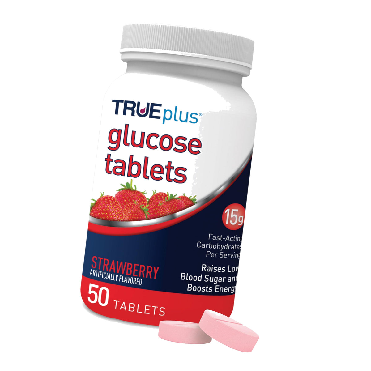 TRUEplus Glucose Tablets, Strawberry Flavor, 50 Count