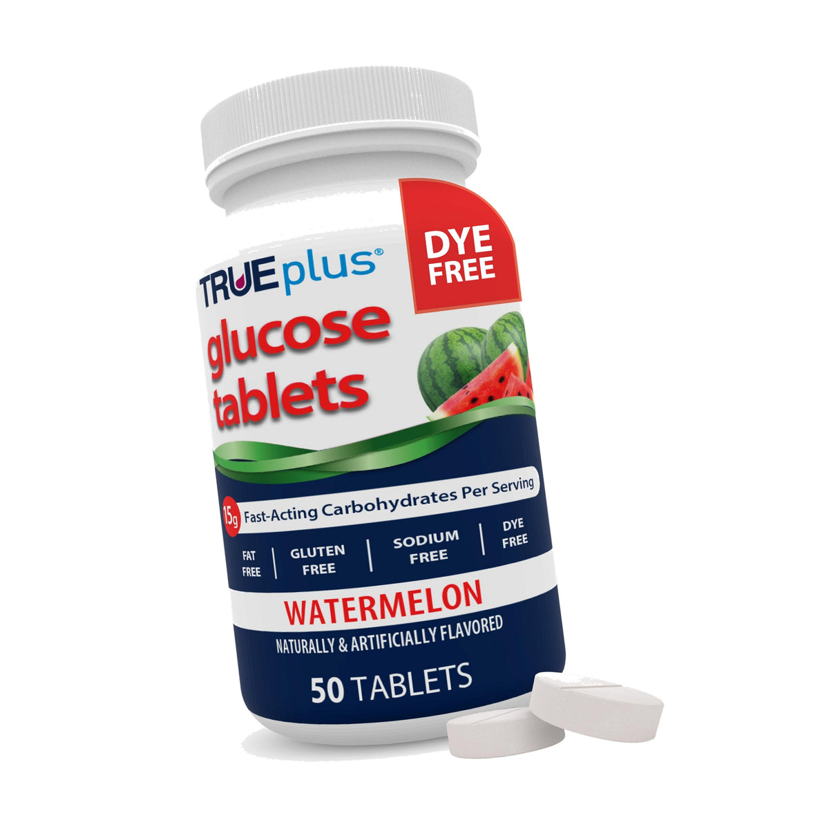 TRUEplus Glucose Tablets, Dye-Free Watermelon Flavor, 50 Count