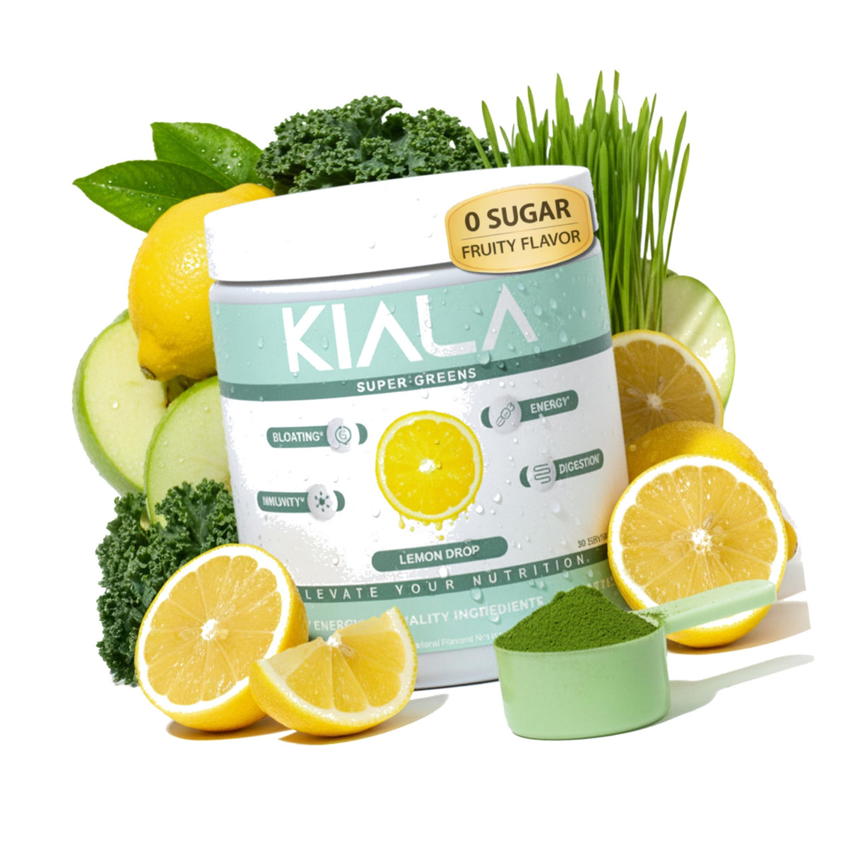 Kiala Nutrition Super Greens Powder with Spirulina & Chlorella for Digestion, Gut Health, Immunity, Adaptogens, Energy, Gluten Free, Vegan, Sugar Free, Lemon Drop, 30 Servings
