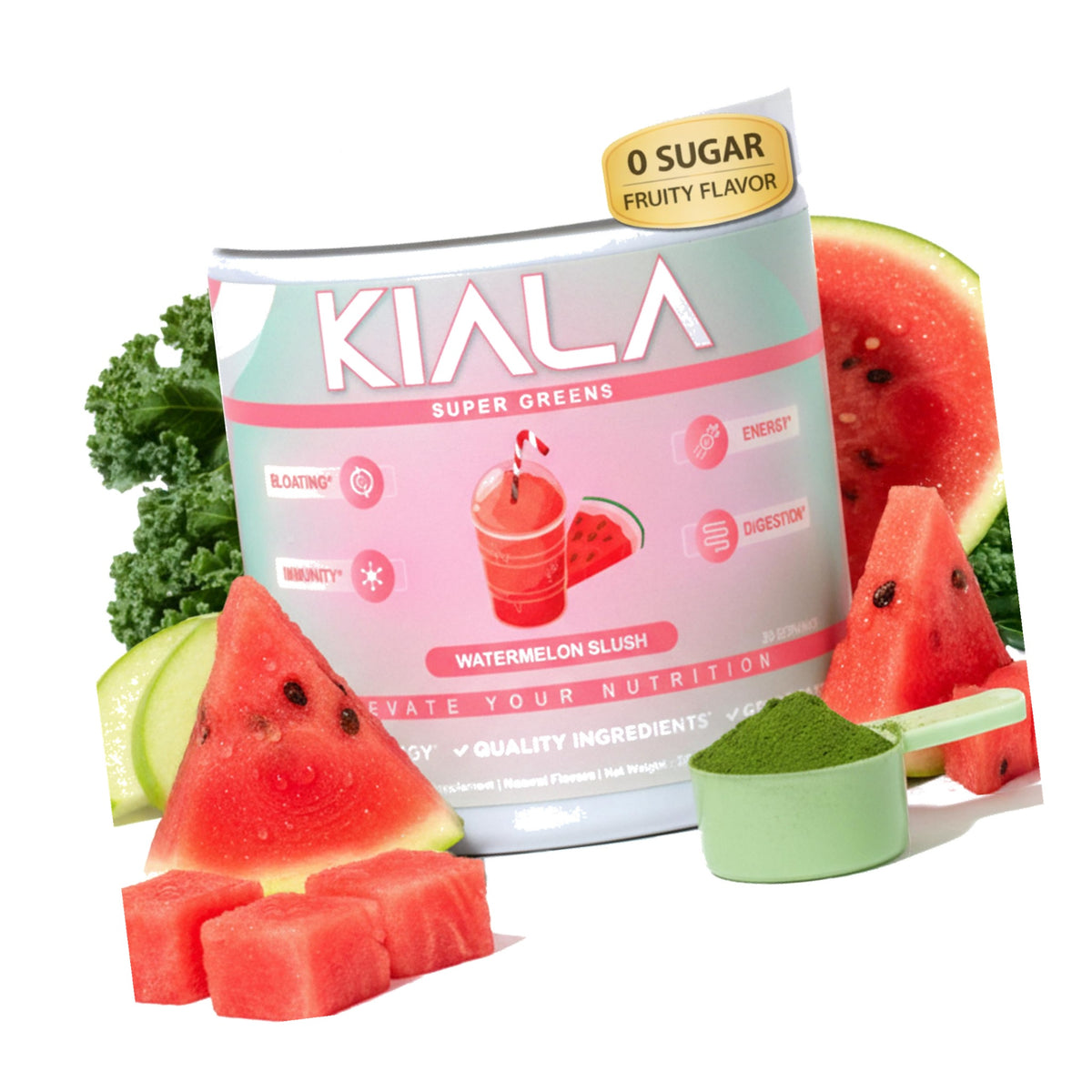 Kiala Nutrition Super Greens Powder with Spirulina & Chlorella for Digestion, Gut Health, Immunity, Adaptogens, Energy, Gluten Free, Vegan, Sugar Free, Watermelon Slush, 30 Servings