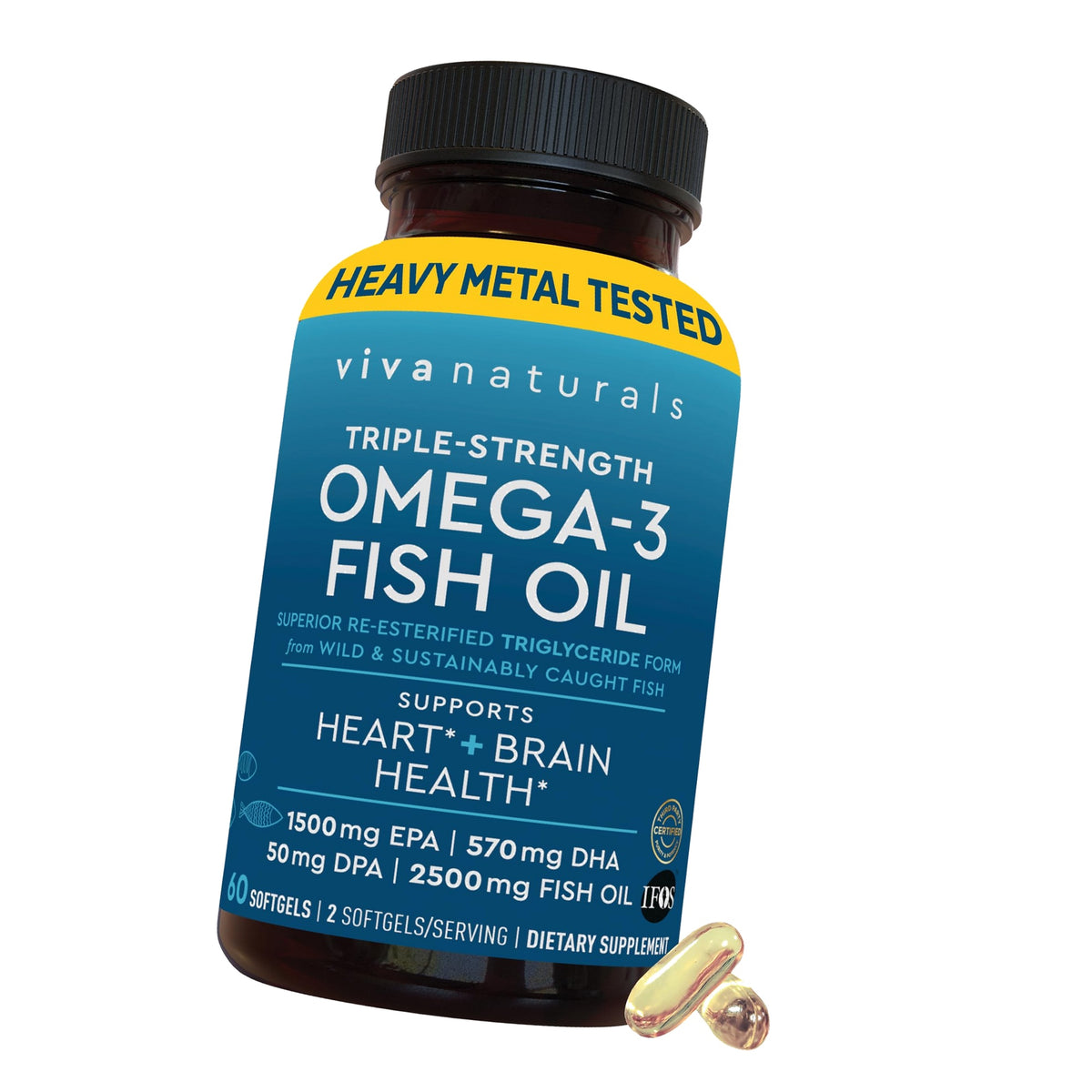 Viva Naturals Omega 3 Fish Oil Supplement for Women and Men - 2500 mg Triple Strength Fish Oil per Serving with Omega 3 Fatty Acids Including EPA, DHA DPA - 60 Pescatarian-Friendly Softgels