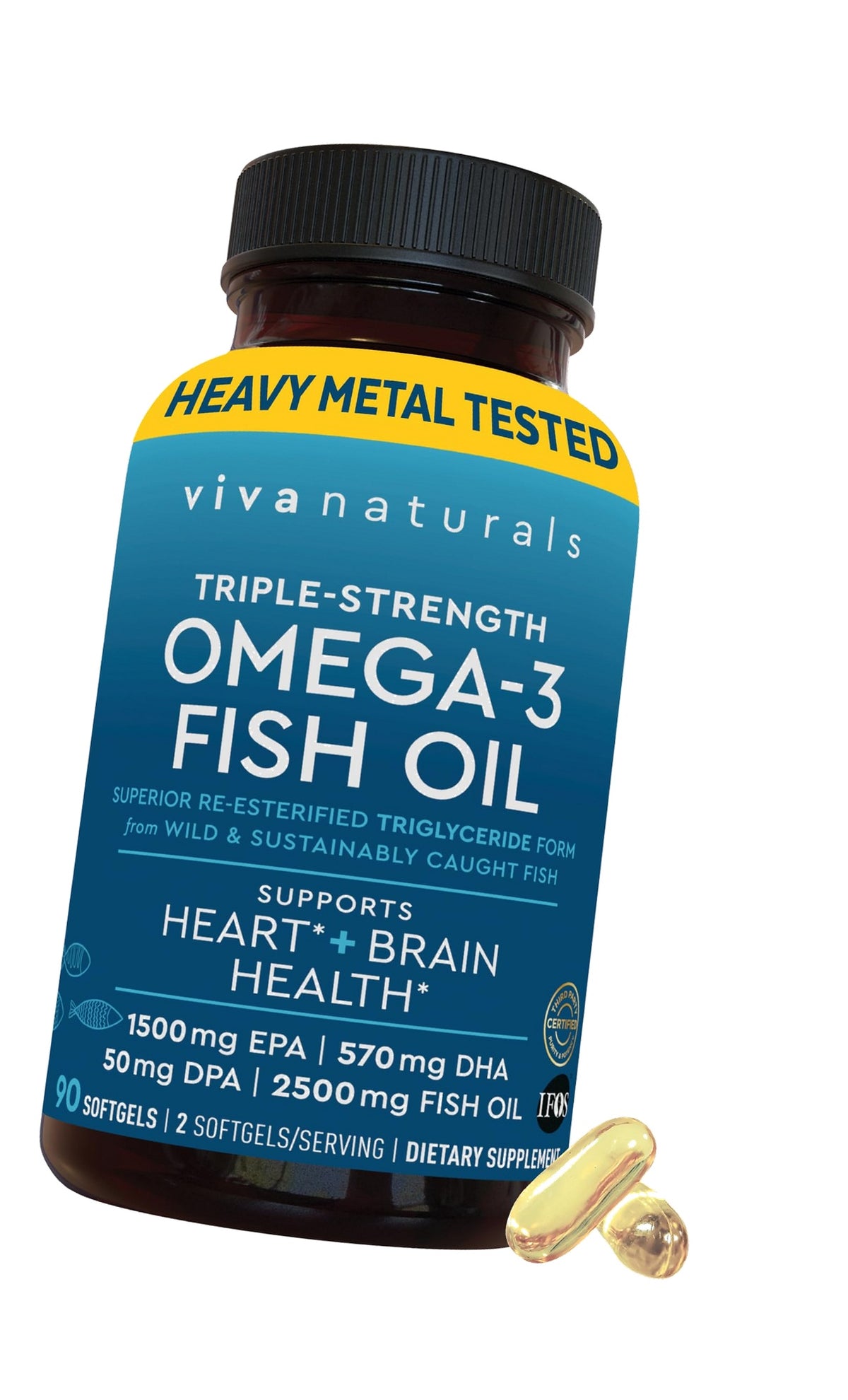Viva Naturals Omega 3 Fish Oil Supplement for Women and Men - 2500 mg Triple Strength Fish Oil per Serving with Omega 3 Fatty Acids Including EPA, DHA DPA - 90 Pescatarian-Friendly Softgels