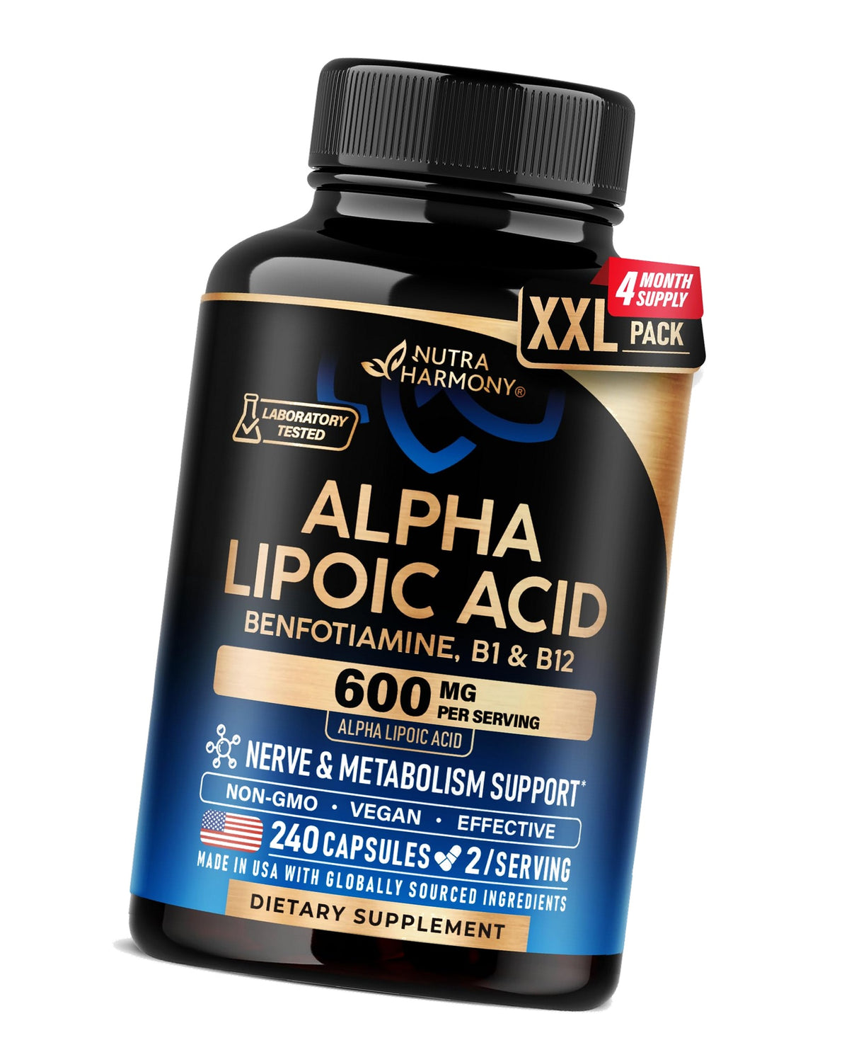 Alpha Lipoic Acid 600mg - ALA Supplement + Benfotiamine B1 & B12 - 240 Caps