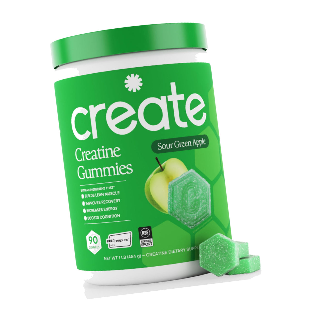 Create Creatine Monohydrate Gummies for Women and Men, Sour Apple, 90ct