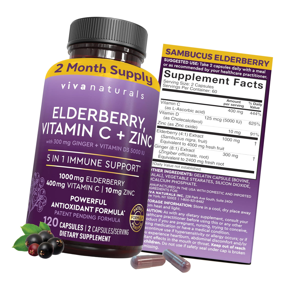 Viva Naturals Elderberry with Vitamin C and Zinc for Adults - 5 in 1 Sambucus Black Elderberry Capsules with Vitamin D3 5000 IU Immunity Supplement, Sambucus Elderberry Immune Support Supplement