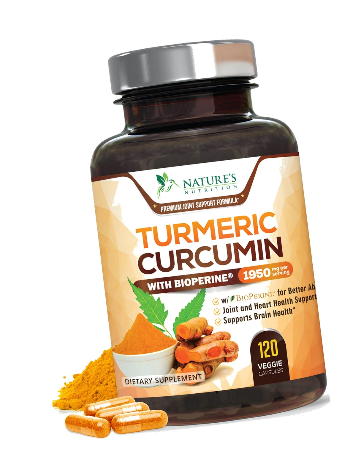 Turmeric Curcumin Supplement - 1950mg Organic Turmeric - 95% Curcuminoids & BioPerine Black Pepper Extract for Best Absorption - Natural Vegan Joint & Immune Support, Bottled in USA - 120 Capsules