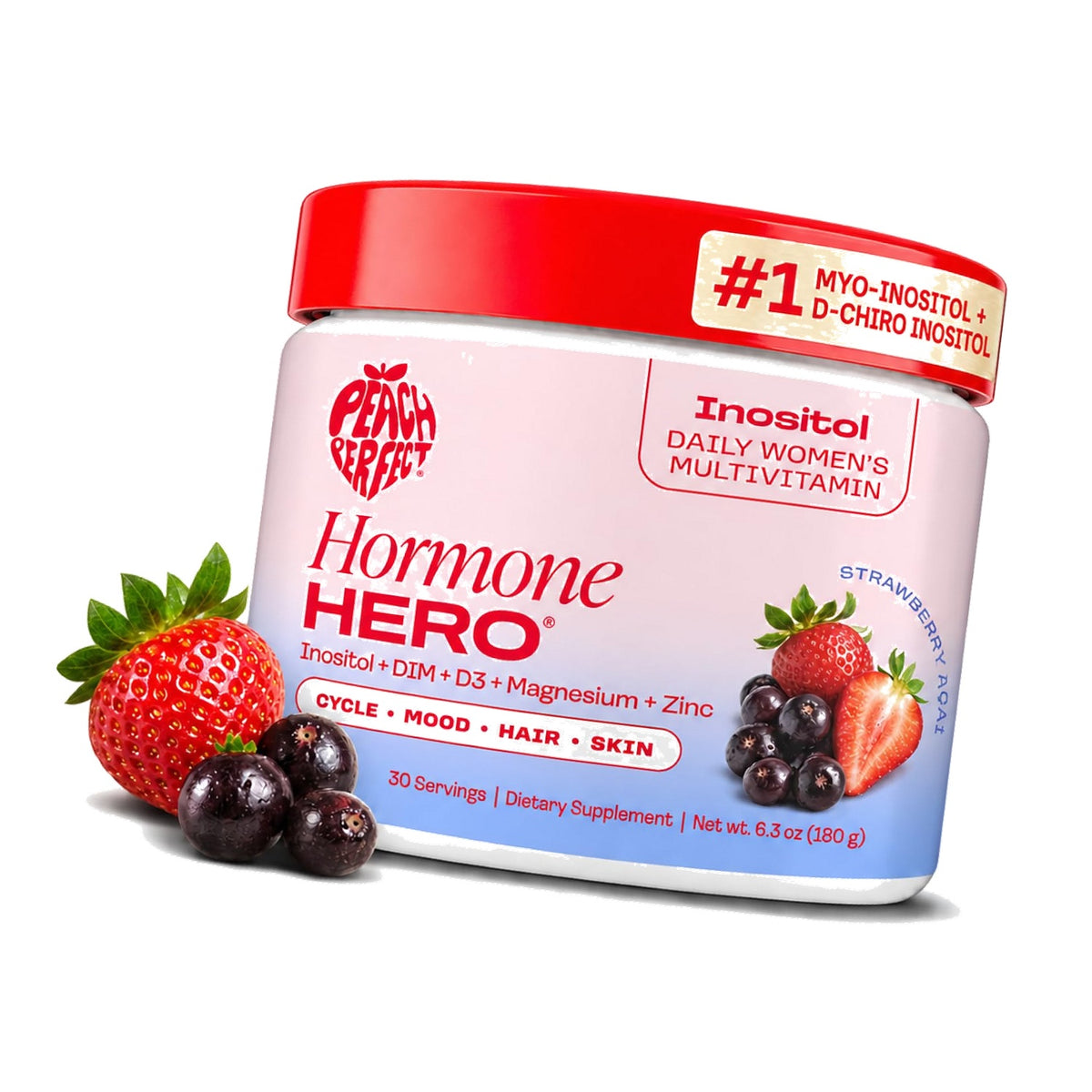 Peach Perfect Inositol Powder Multivitamin, Strawberry Acai Flavor – 4g Myo & D-Chiro Inositol, DIM, Zinc, Magnesium Glycinate, Vitamin D3 – Supports Women’s Health, Cycle, Energy, 30 SVG
