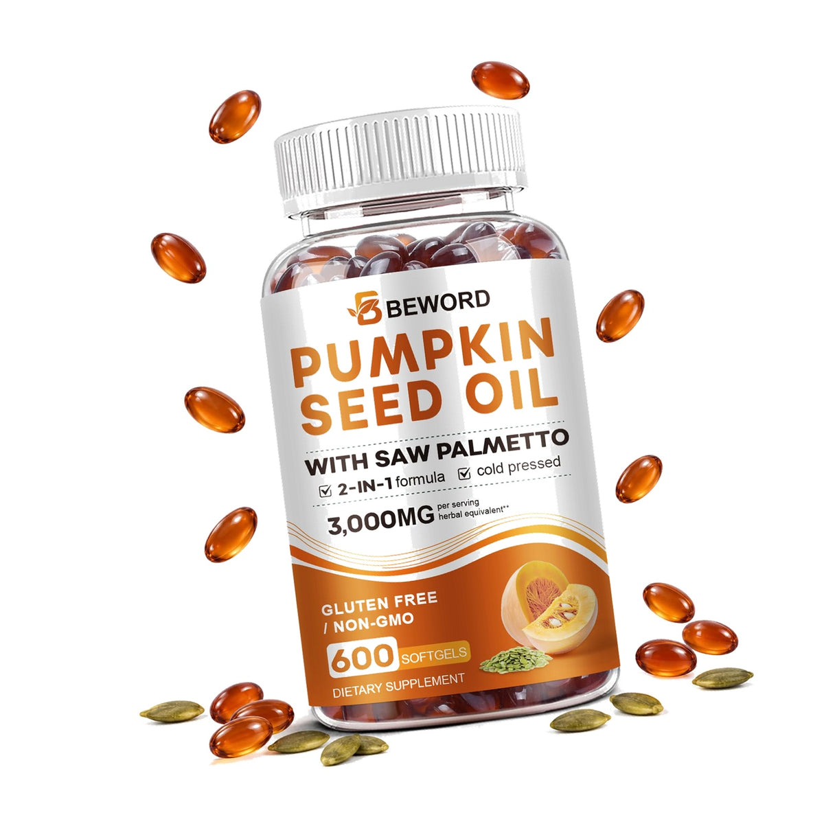 BEWORD Pumpkin Seed Oil with Saw Palmetto, 3000mg/serving, Cold Pressed