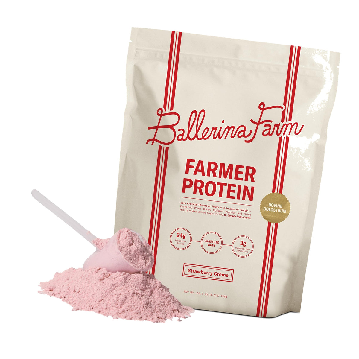 Ballerina Farm Grass Fed Whey Protein Powder Strawberry Crème, 24g Protein with Collagen Peptides, Bovine Colostrum, Hemp Hearts, Prebiotic Fiber, No Added Sugar or Artificial Ingredients, 20 Servings