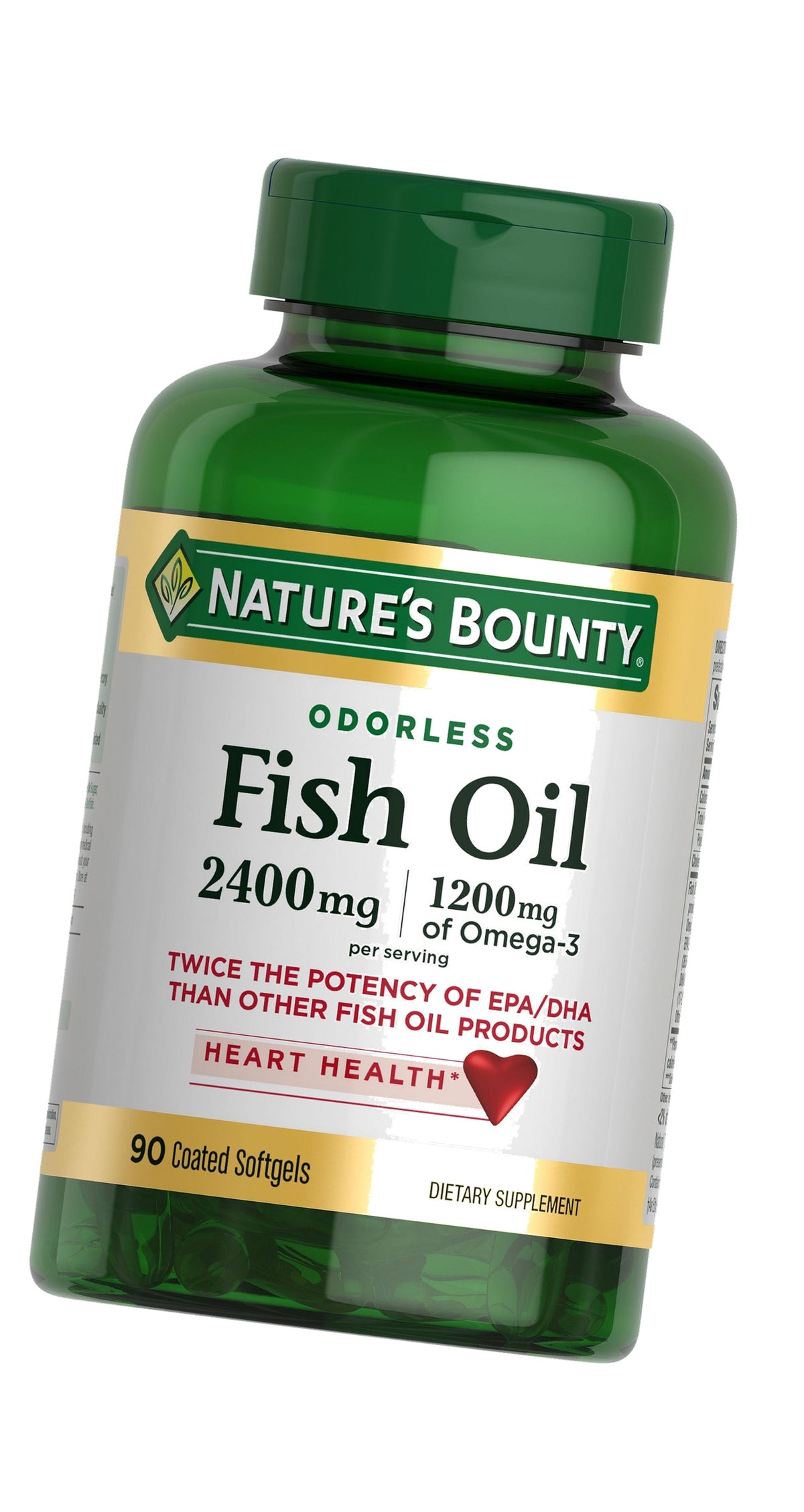 Nature's Bounty Odorless Fish Oil, 1200mg Omega-3 per Serving Including EPA & DHA, Supports Heart Health, Purified to Eliminate Mercury, Coated Softgels, Gluten Free, No Shellfish, 90 Ct
