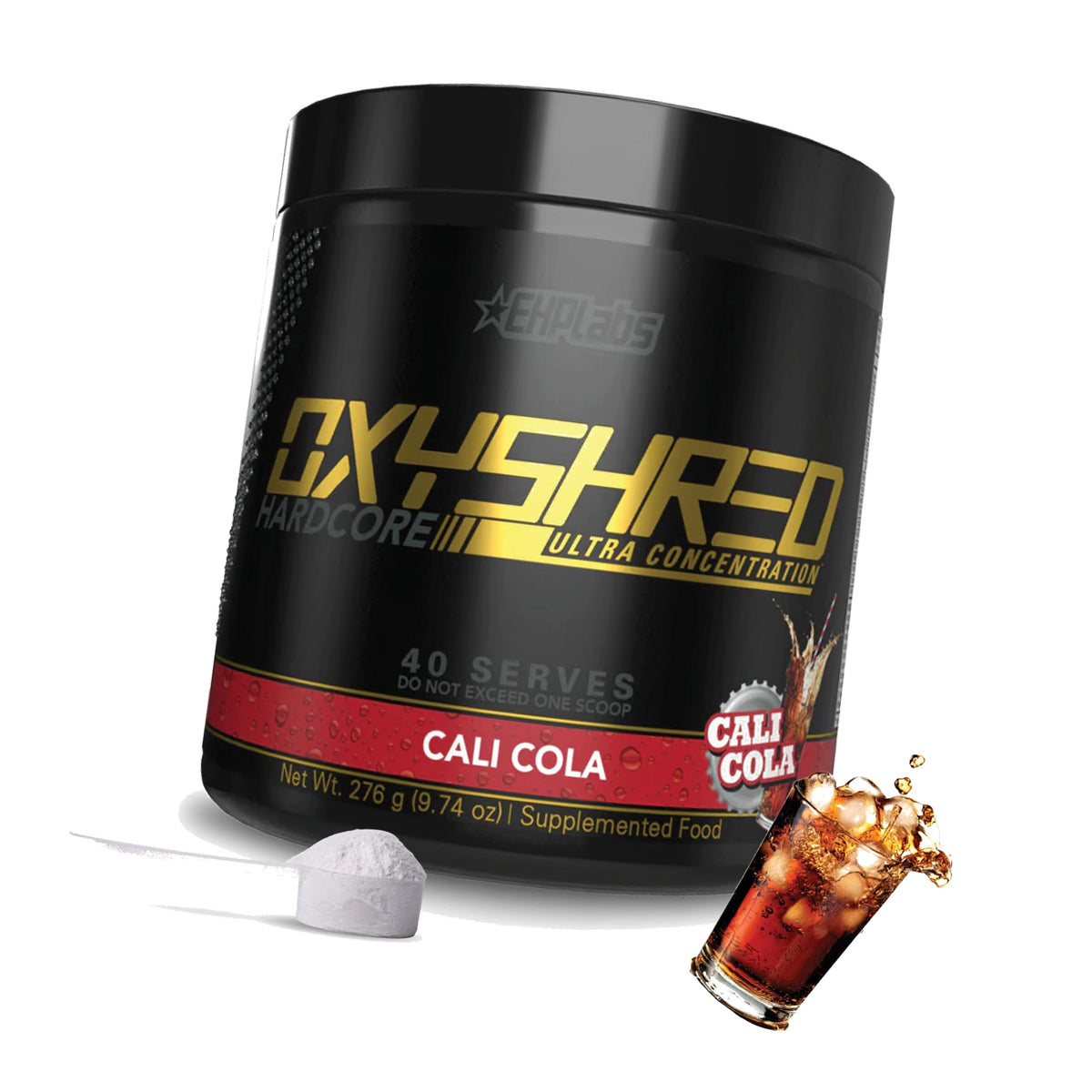EHP Labs OxyShred Hardcore Super Dosed Pre Workout Powder - Preworkout Powder with L Glutamine & Acetyl L Carnitine, Energy Boost Drink - 275mg of Caffeine - Cali Cola, 40 Servings