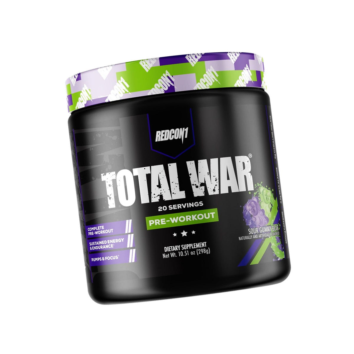 REDCON1 Total War Pre Workout Powder | Sour Gummy Bear | 320mg Caffeine + Citrulline Malate + Beta Alanine (20 Servings)