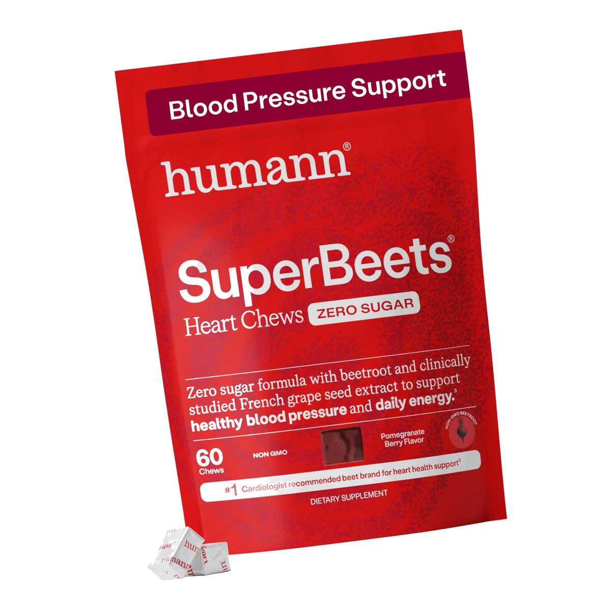 Humann SuperBeets Heart Chews Zero Sugar, Pomegranate Berry Flavor, 60 Ct