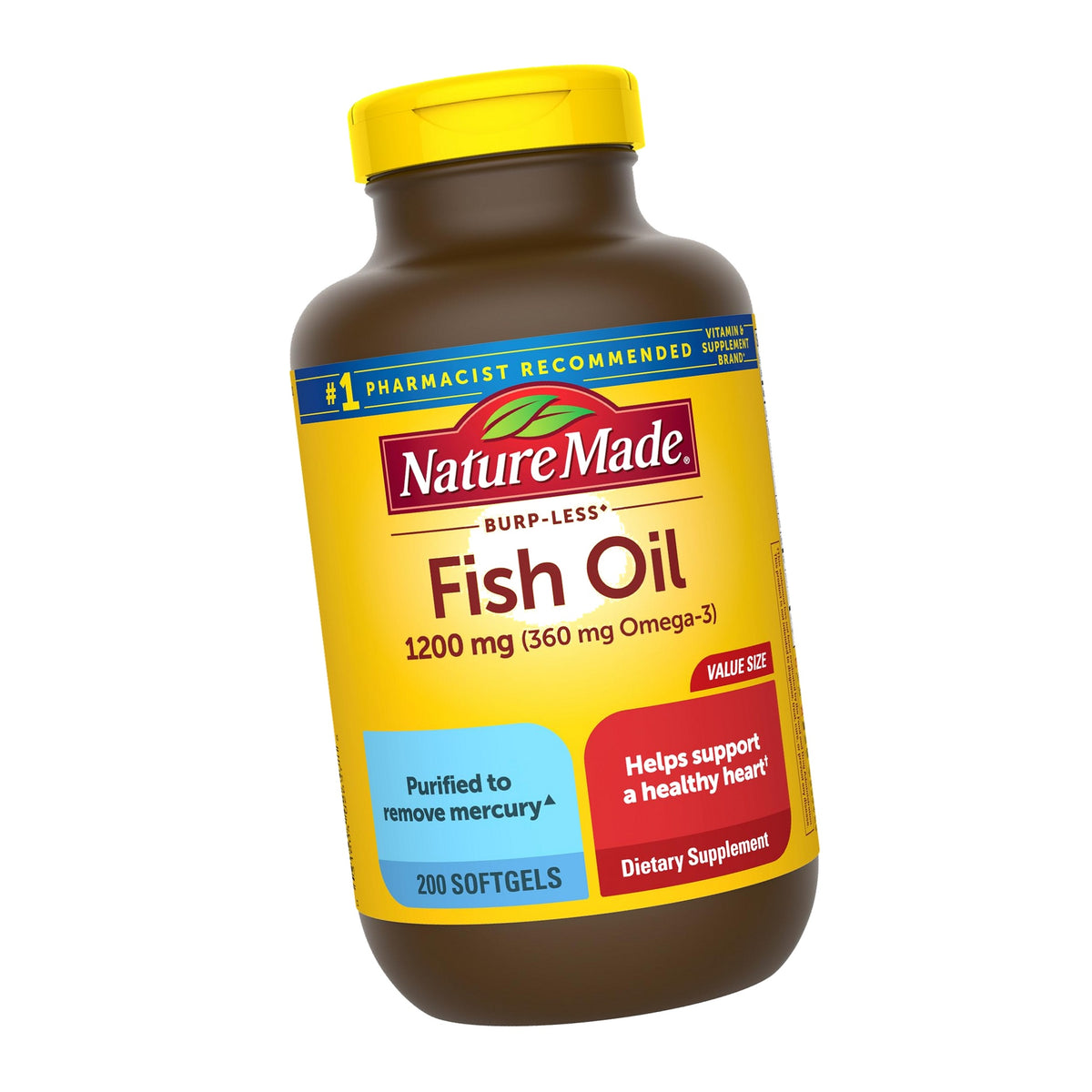 Nature Made Burp Less Fish Oil Omega 3, 1200 mg Softgels, 200 Softgels