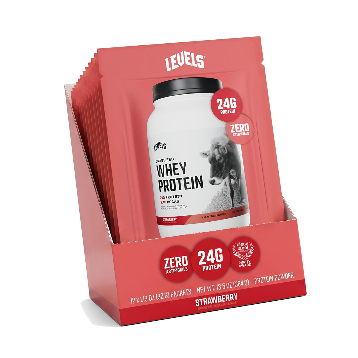 Levels Whey Protein Powder, No Artificial Ingredients, Strawberry, 12 Count