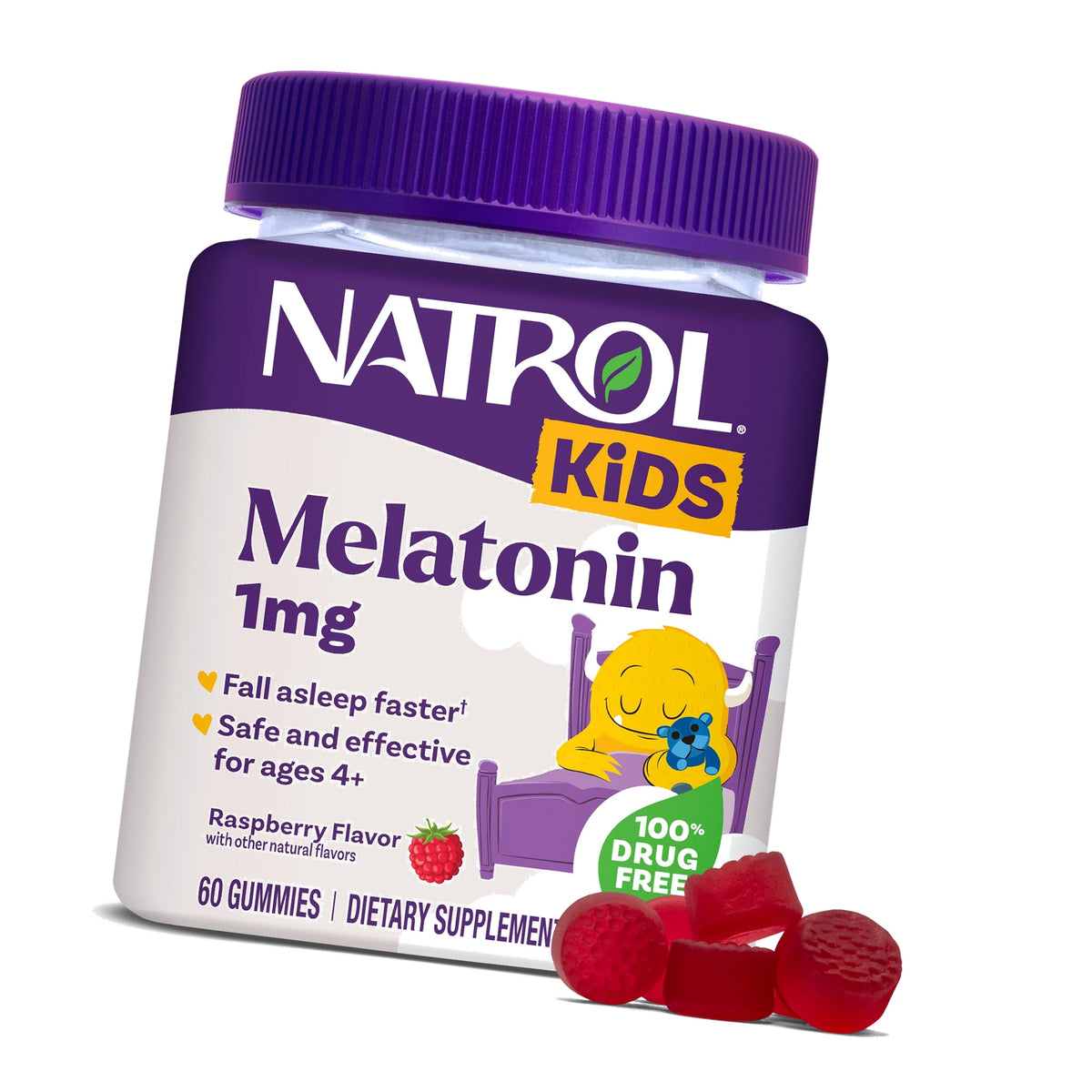 Natrol Kids Melatonin Gummies 1mg, for Restful Sleep, 60 Raspberry Gummies