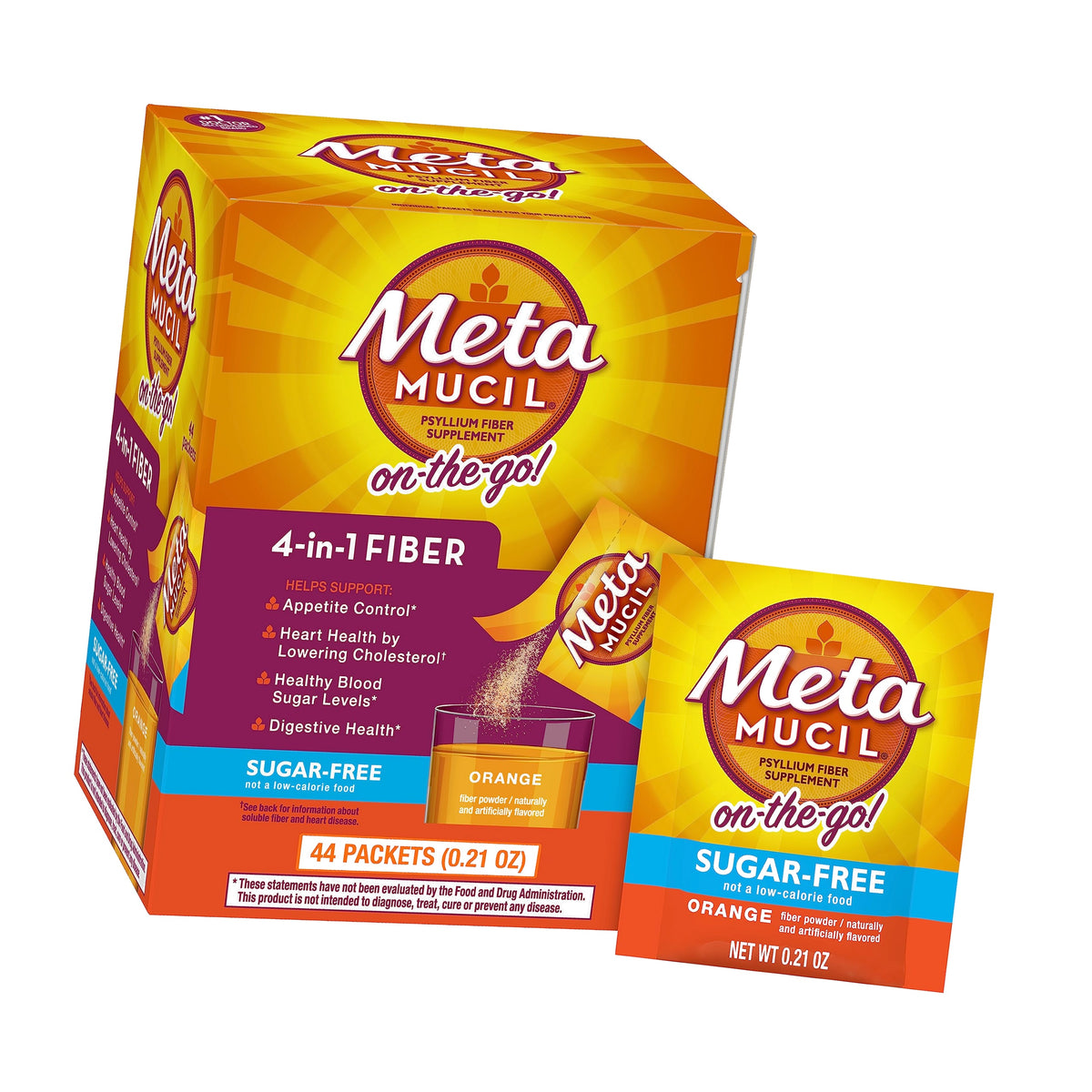 Metamucil On-The-Go, Daily Psyllium Husk Powder Supplement, Sugar-Free Powder, 4-in-1 Fiber for Digestive Health, Orange Flavored Drink, 44 Packets