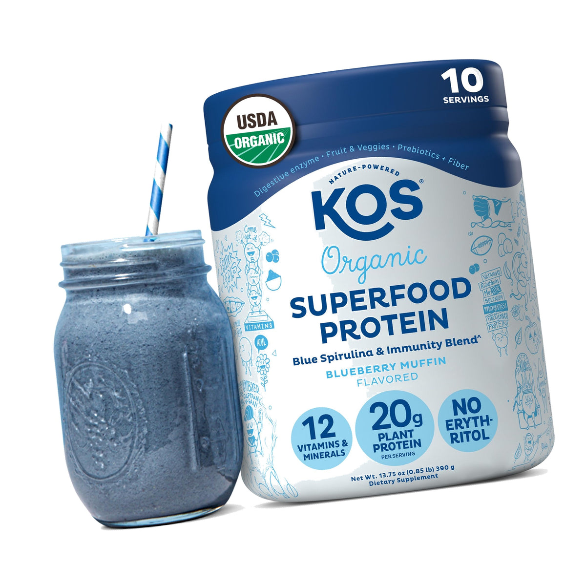 KOS Plant Based Protein Powder, Blueberry Muffin - Organic Pea Protein Superfood with Spirulina and Immune Support Blend. Soy, Gluten, Dairy Free - Vegan Meal Replacement for Women & Men - 10 Servings
