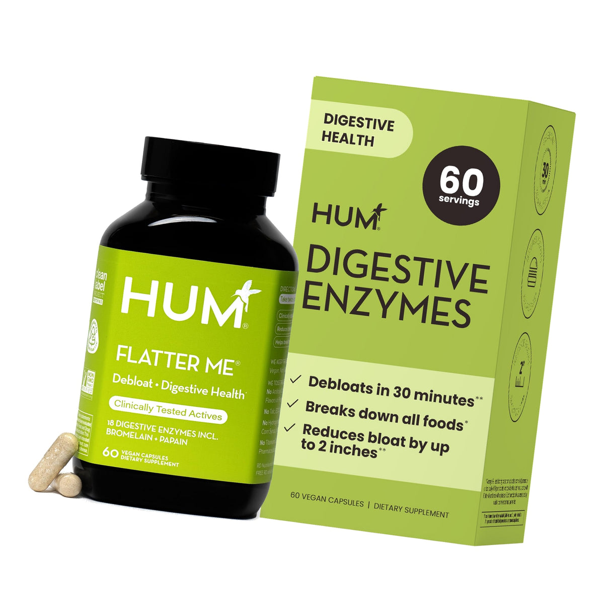 HUM Flatter Me Digestive Enzymes, Digestion & Bloating Support, 60 Count