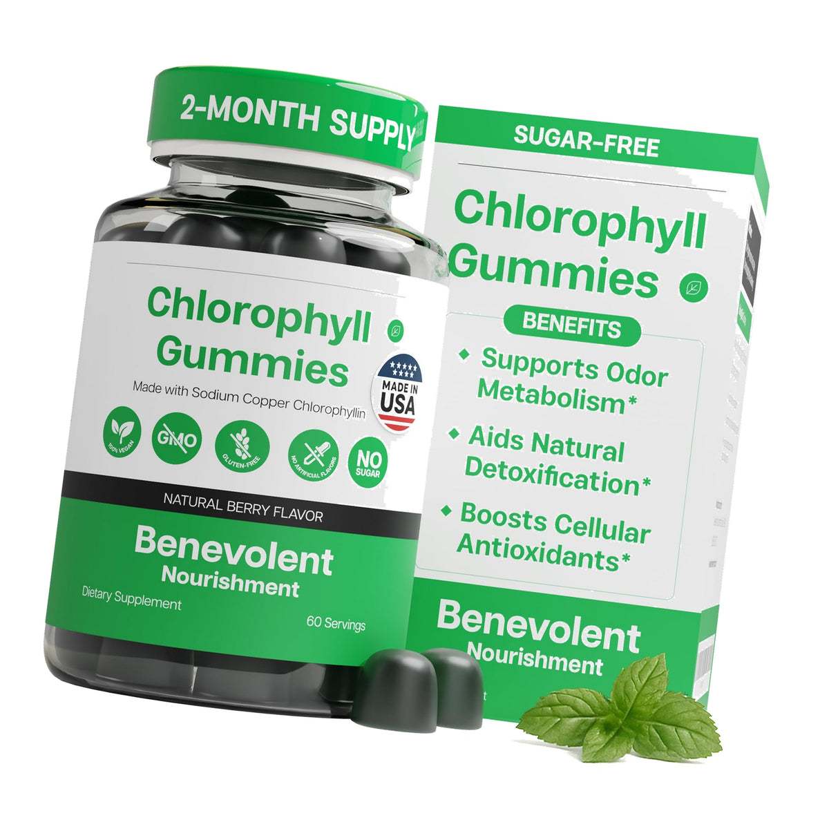 Benevolent Premium Chlorophyll Gummies – Vegan, Natural Flavor – 60 Count