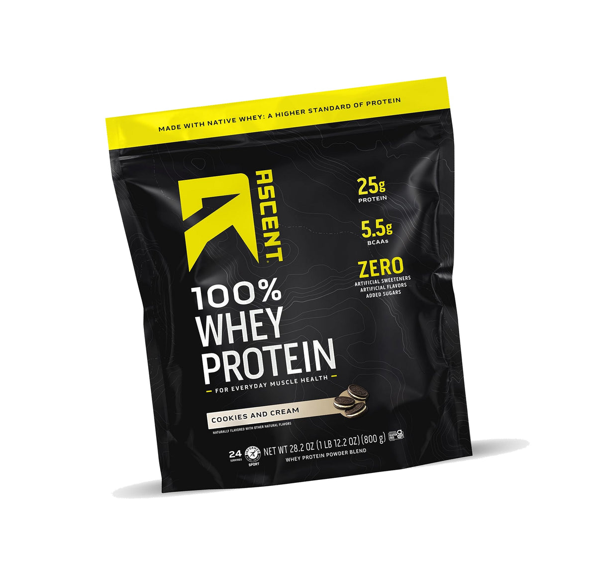 Ascent 100% Whey Protein Powder - Post Workout Whey Protein Isolate, Zero Artificial Flavors & Sweeteners, Gluten Free, 5.5g BCAA, 2.6g Leucine, Essential Amino Acids, Cookies & Cream 1.7 lb