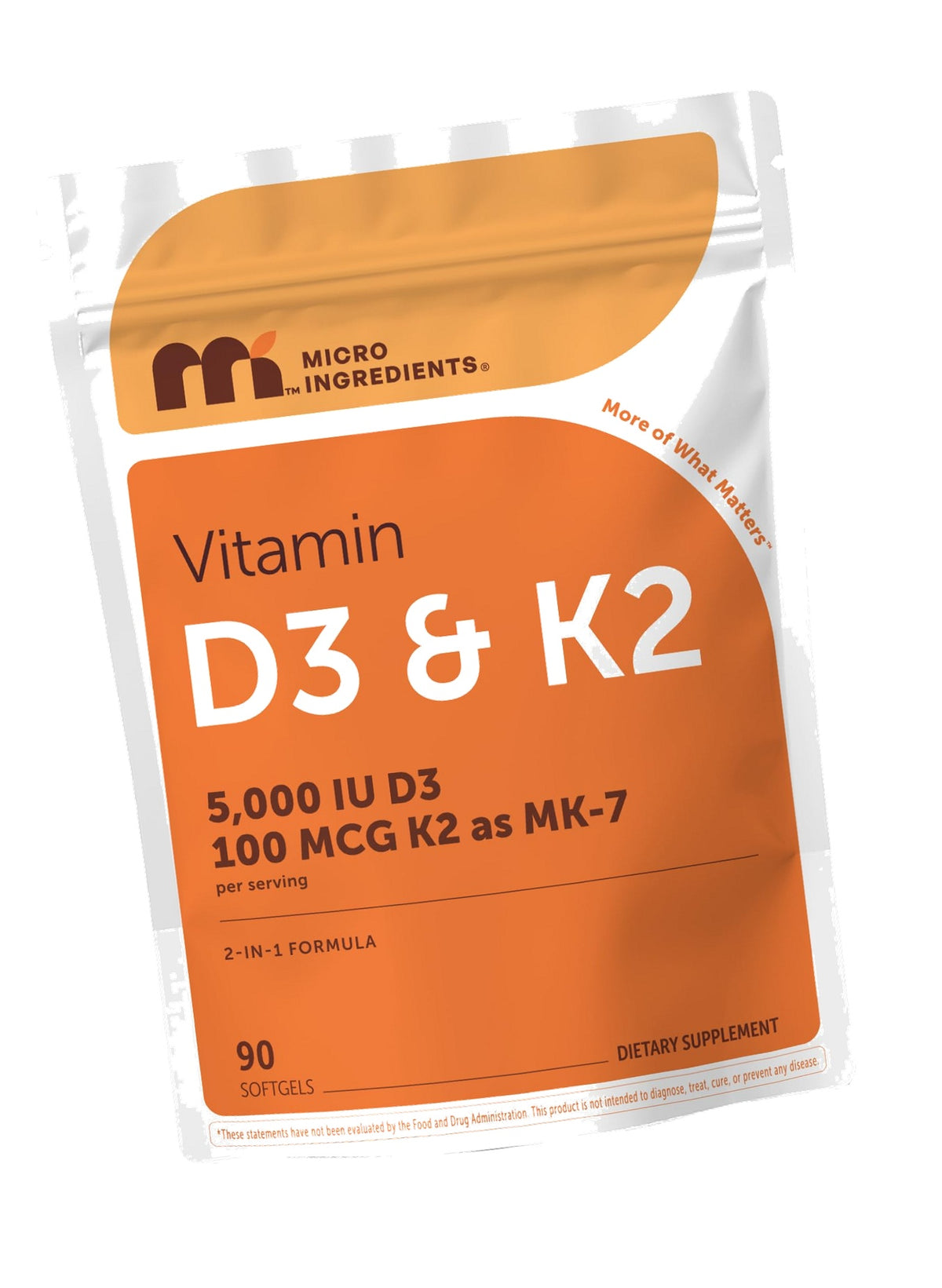 Micro Ingredients Vitamin D3 5,000 IU + K2 MK-7 100 mcg Per Serving, 90 Softgels | 2-in-1 D3 K2 Supplement | Easy-to-Swallow, Non-GMO, Gluten Free