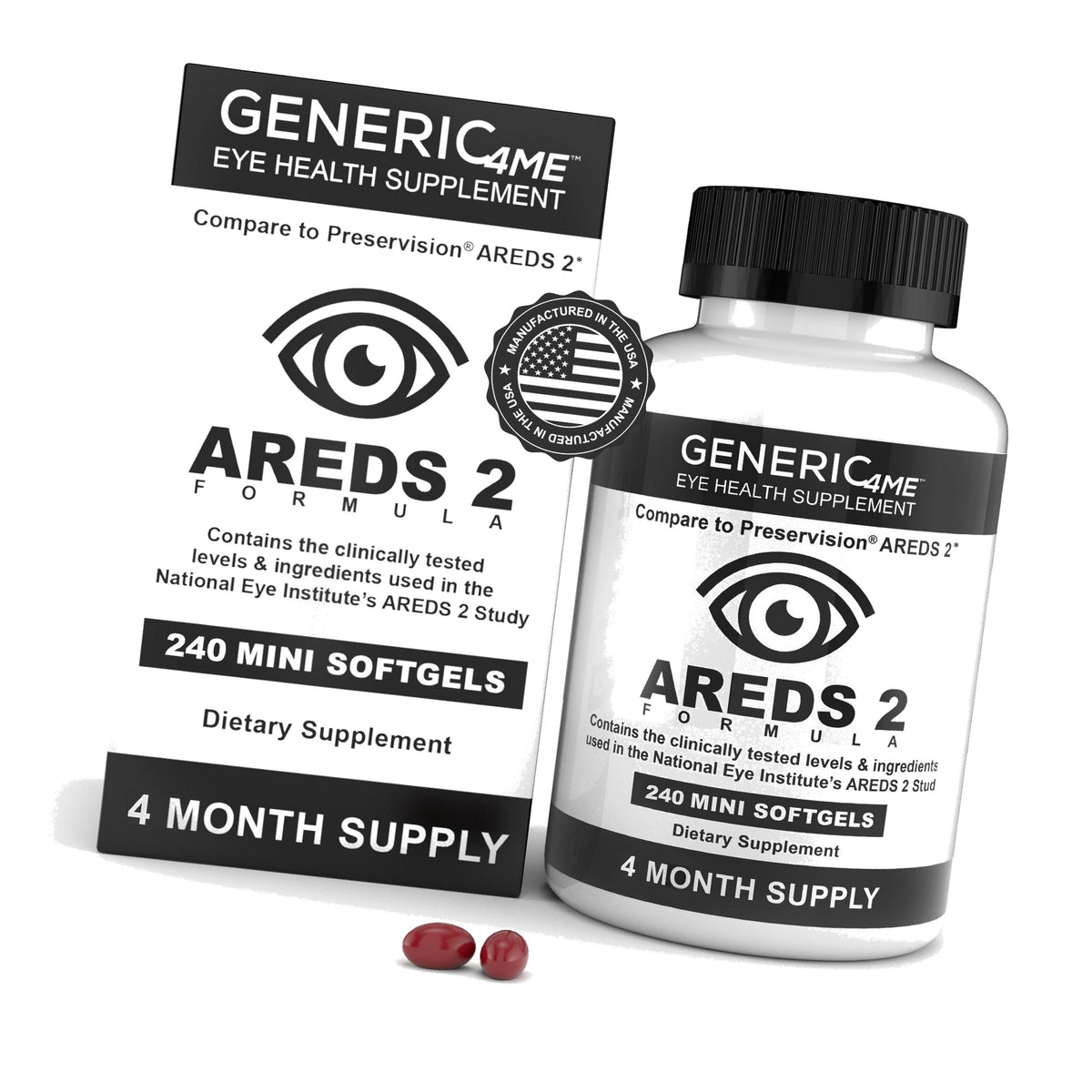 Generic4ME AREDS 2 SoftGels, 500 mg Vitamin C, 400 IU Vitamin E, 10 mg Lutein, 2 mg Zeaxanthin, 80 mg Zinc, 2 mg Copper - Supports Eye Health - 240 Mini SoftGels (Four Month Supply)