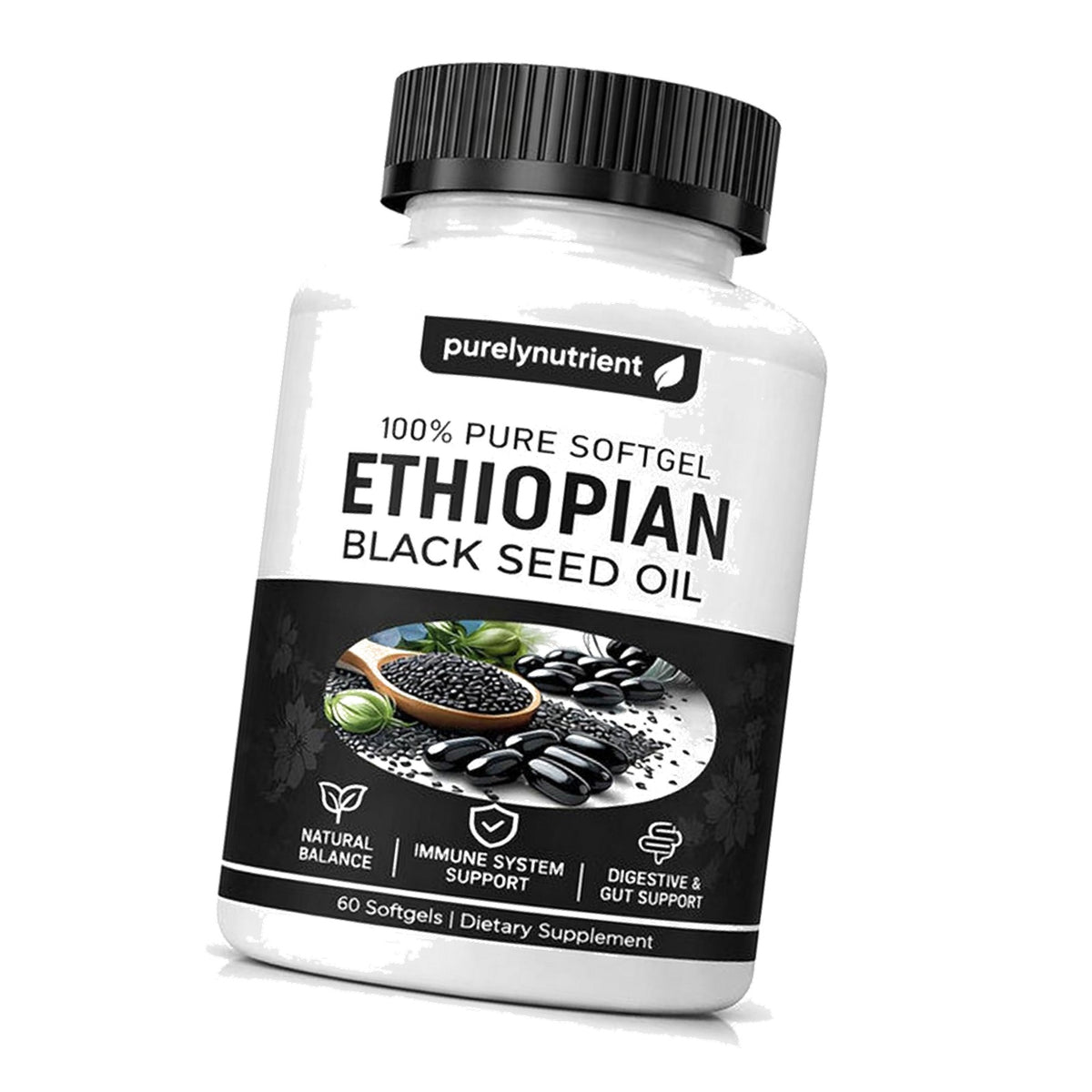 PURELYNUTRIENT Ethiopian Black Seed Oil Capsules 4.64% Thymoquinone – Organic Cold Pressed Black Cumin Seed Oil Softgels, Non-GMO, Gluten-Free, 60 Softgels (1)