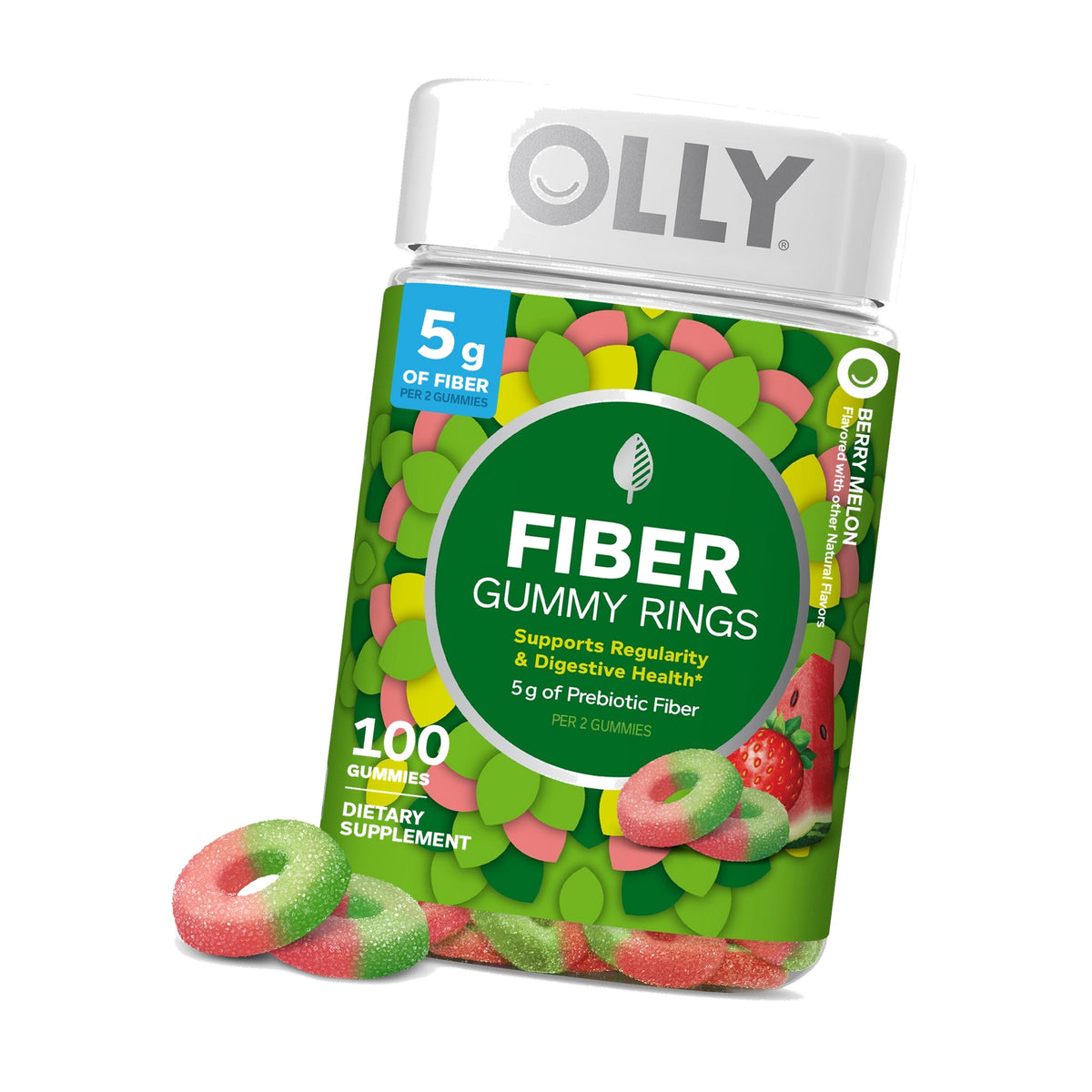 OLLY Fiber Gummy Rings Digestive Health Supplement, Berry Melon - 100 Count