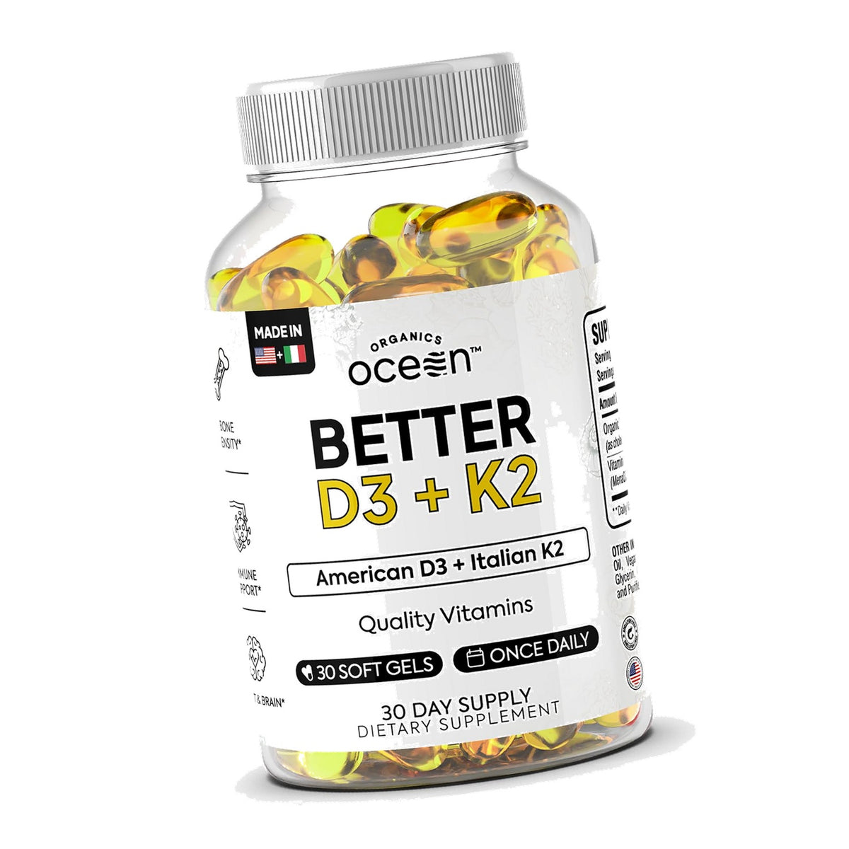 Organics Ocean Better D3+K2 Vitamin Supplement, 30 Softgels