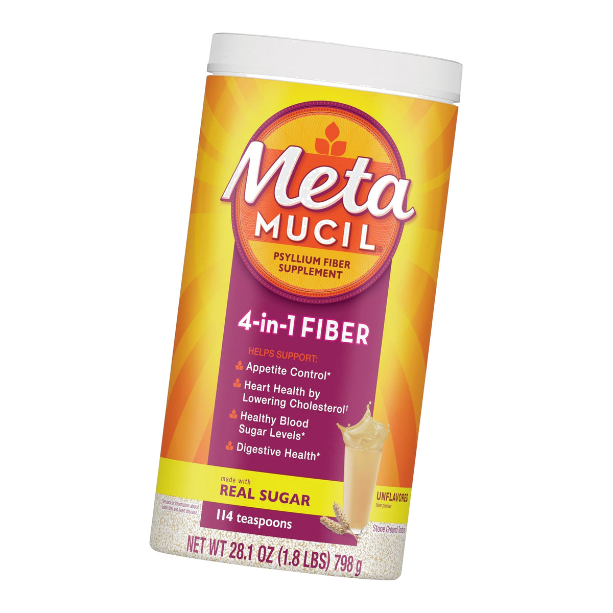 Metamucil, Psyllium Husk Powder, Unflavored Original Texture, with Sugar, 114 Servings, 4-in-1 Fiber Supplement, Daily Psyllium Husk Fiber Powder Help Support Digestive Health by Promoting Regularity*