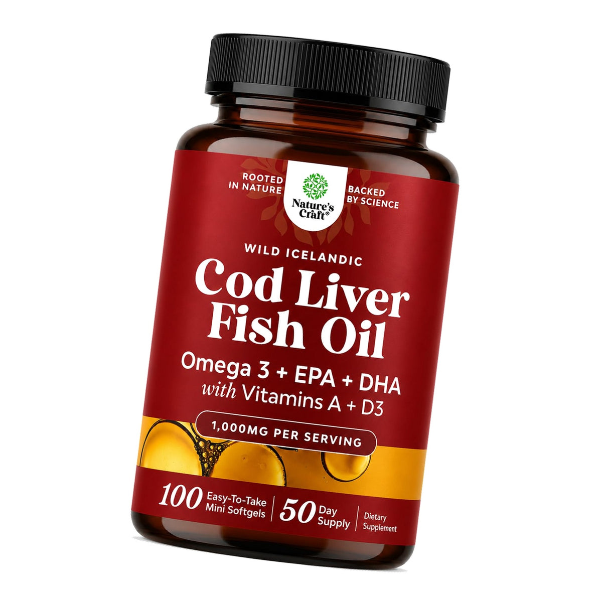 Icelandic Cod Liver Oil Softgels - Omega 3 Fish Oil with Vitamin A - 100 Ct