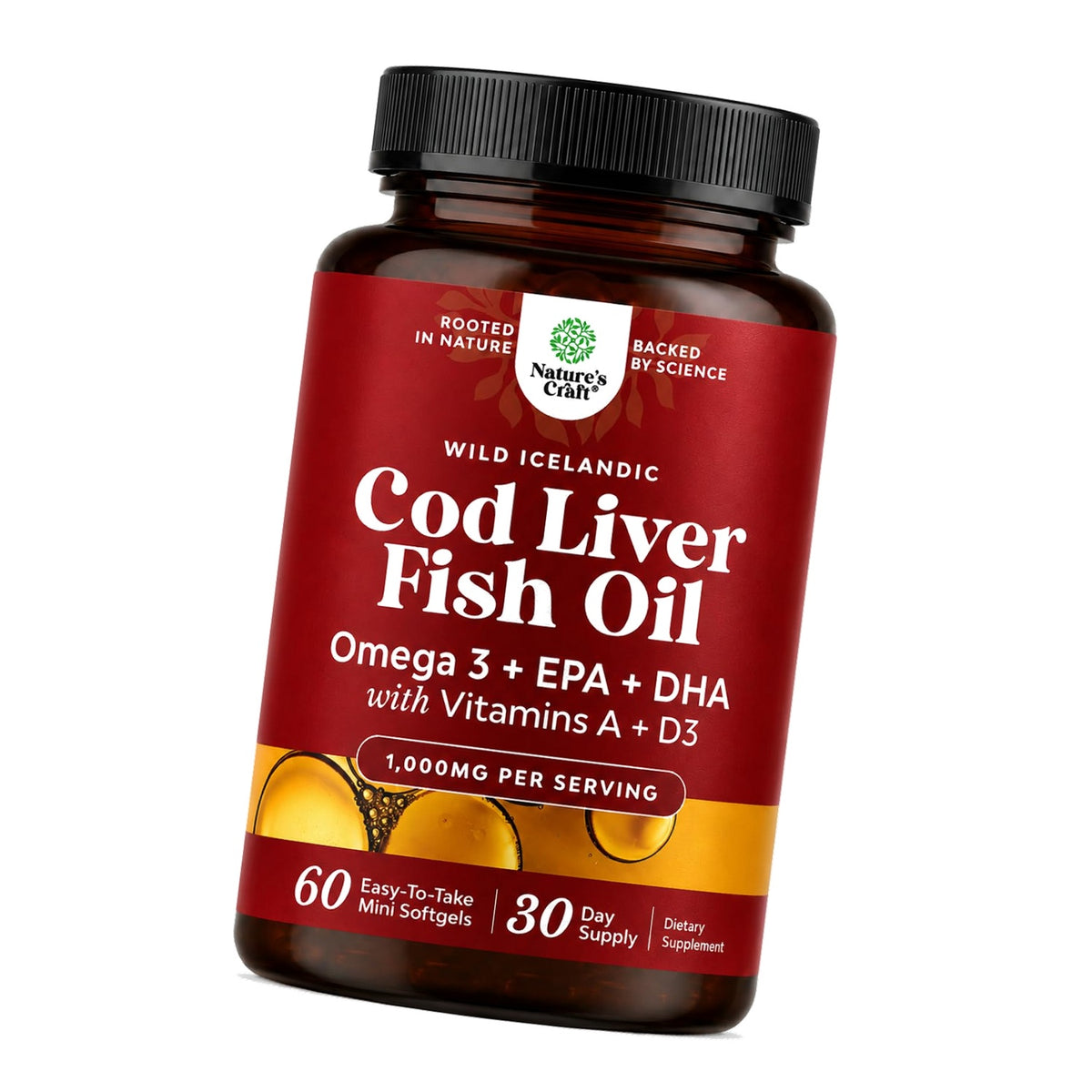 Icelandic Cod Liver Oil Softgels - Omega 3 Fish Oil with Vitamin A - 60 Ct