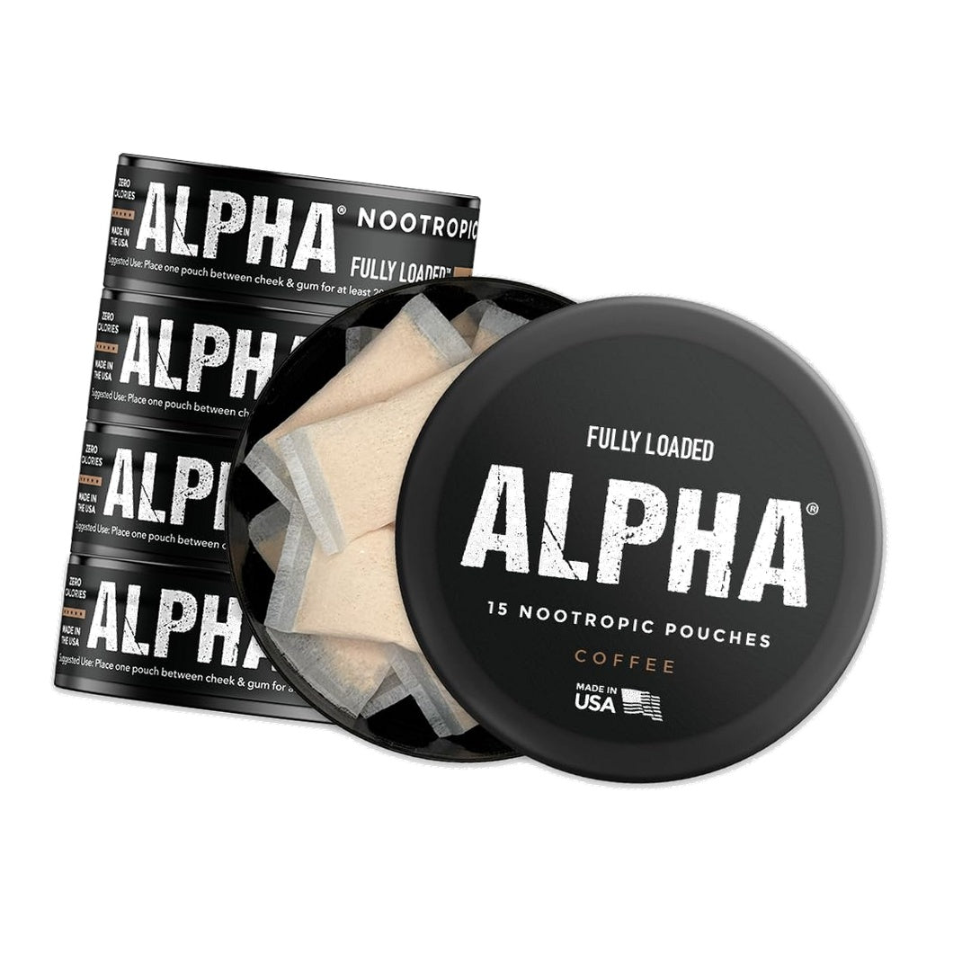 Fully Loaded Alpha Nootropic Pouches (Coffee) - 5 Cans - 15 Pouches per can - Effective Nootropic Delivery, Nic Pouch Replacement - Faster Absorption, Alpha GPC, L-Tyrosine, GABA