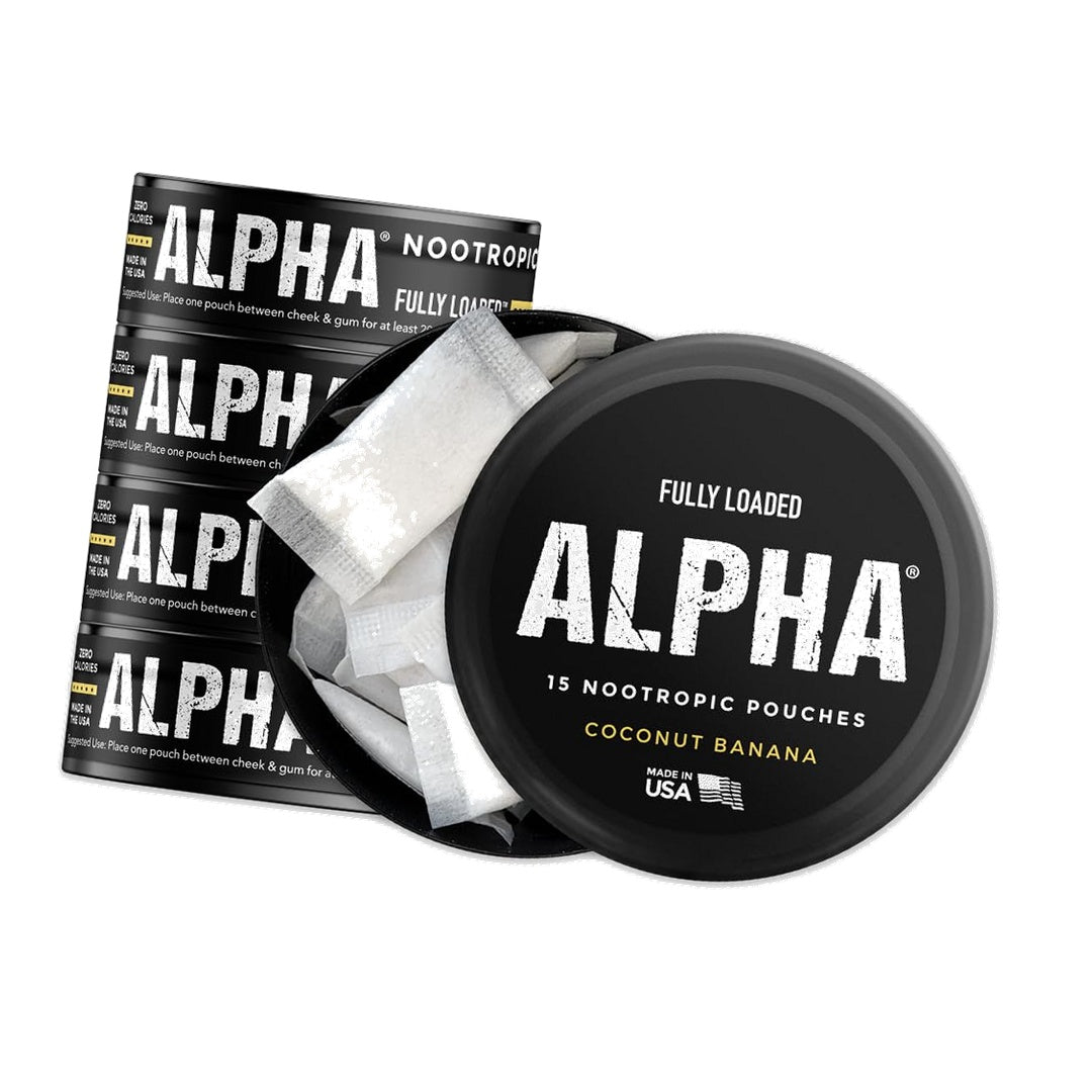 Fully Loaded Alpha Nootropic Pouches (Coconut Banana) - 5 Cans - 15 Pouches per can - Effective Nootropic Delivery, Nic Pouch Replacement - Faster Absorption, Alpha GPC, L-Tyrosine, GABA