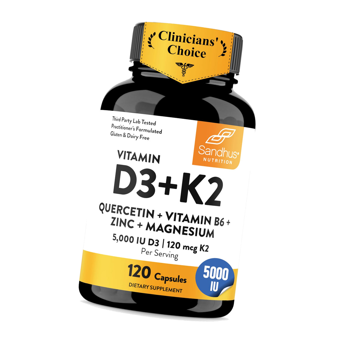 Vitamin D3 K2 5000 IU 120mcg Magnesium Zinc B6 Quercetin Capsules 120 Count