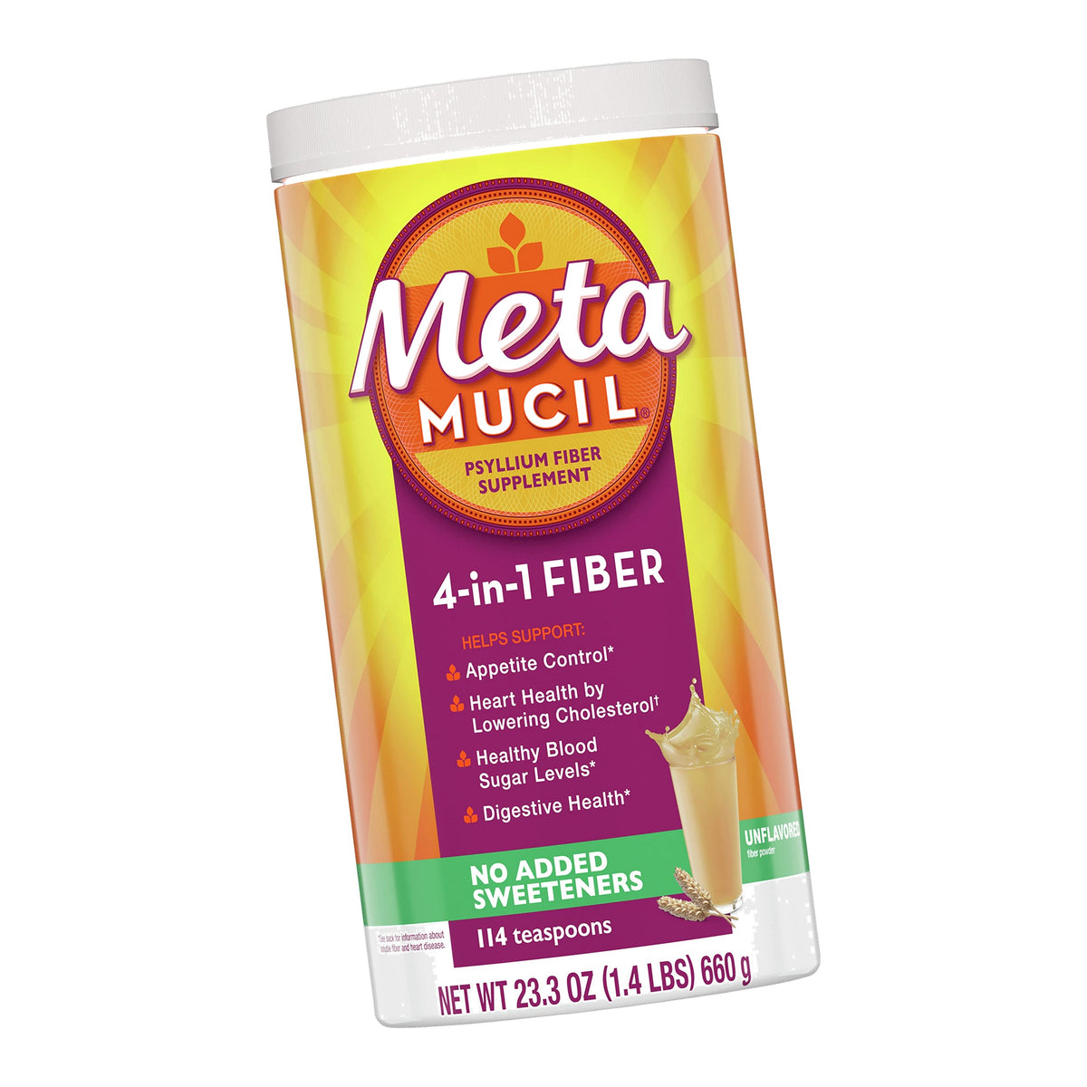 Metamucil, Daily Psyllium Husk Powder Supplement, Sugar-Free Powder, 4-in-1 Fiber for Digestive Health, No Added Sweetener, 114 teaspoons
