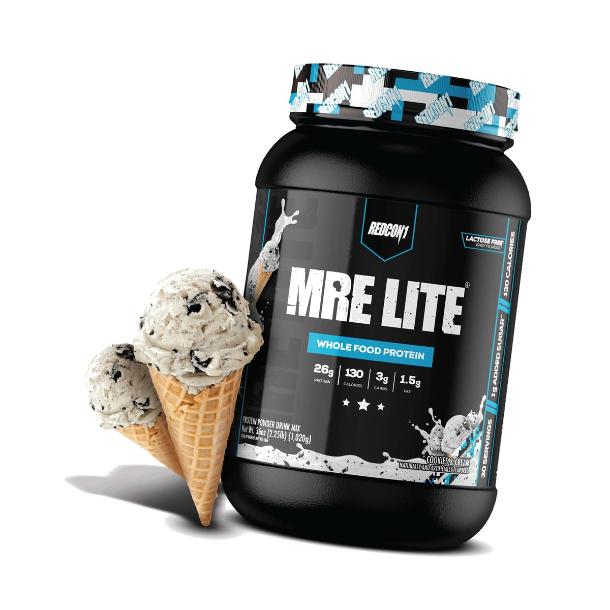 REDCON1 MRE LITE Whole Food Protein Powder, Cookies & Cream - Lactose Free Meal Replacement with Animal Protein Blends - Easy to Digest Formula - Only 3g Carb per Serving (30 Servings)