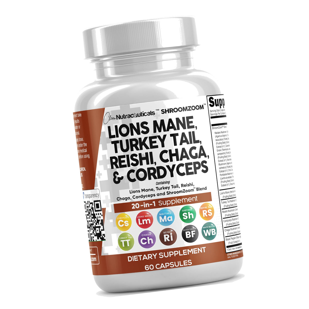 Clean Nutraceuticals Lions Mane 20in1 Mushroom Supplement with Turkey Tail Reishi Cordyceps Chaga Maitake Meshima Poria Cocos Shiitake Oyster Porcini Enoki - 1 Pack