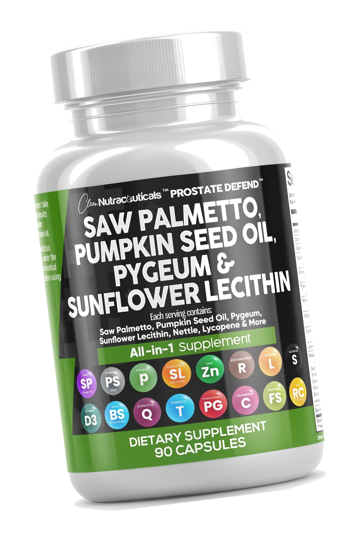 Clean Nutraceuticals Saw Palmetto Pumpkin Seed Oil Pygeum Sunflower Lecithin Stinging Nettle Cranberry - Prostate Supplements for Men with Lycopene - 90 Caps