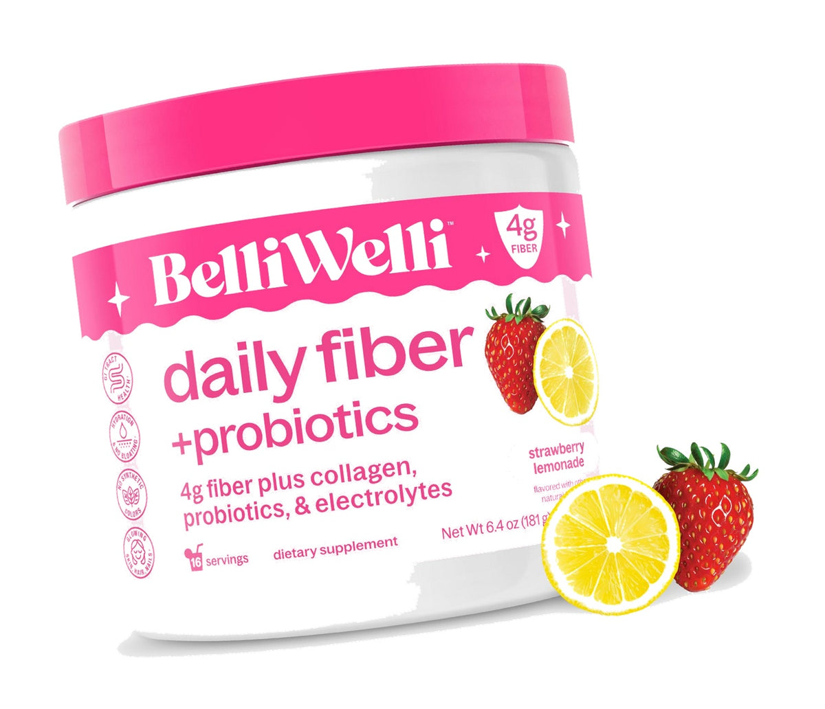 Belli Welli Fiber Supplement Powder with Prebiotics for Digestive Health and GLP-1 Support, Soluble Fiber for Gut Health & Debloat, Keto, Gluten Free, 16 Servings (1 Pack) Strawberry Lemonade