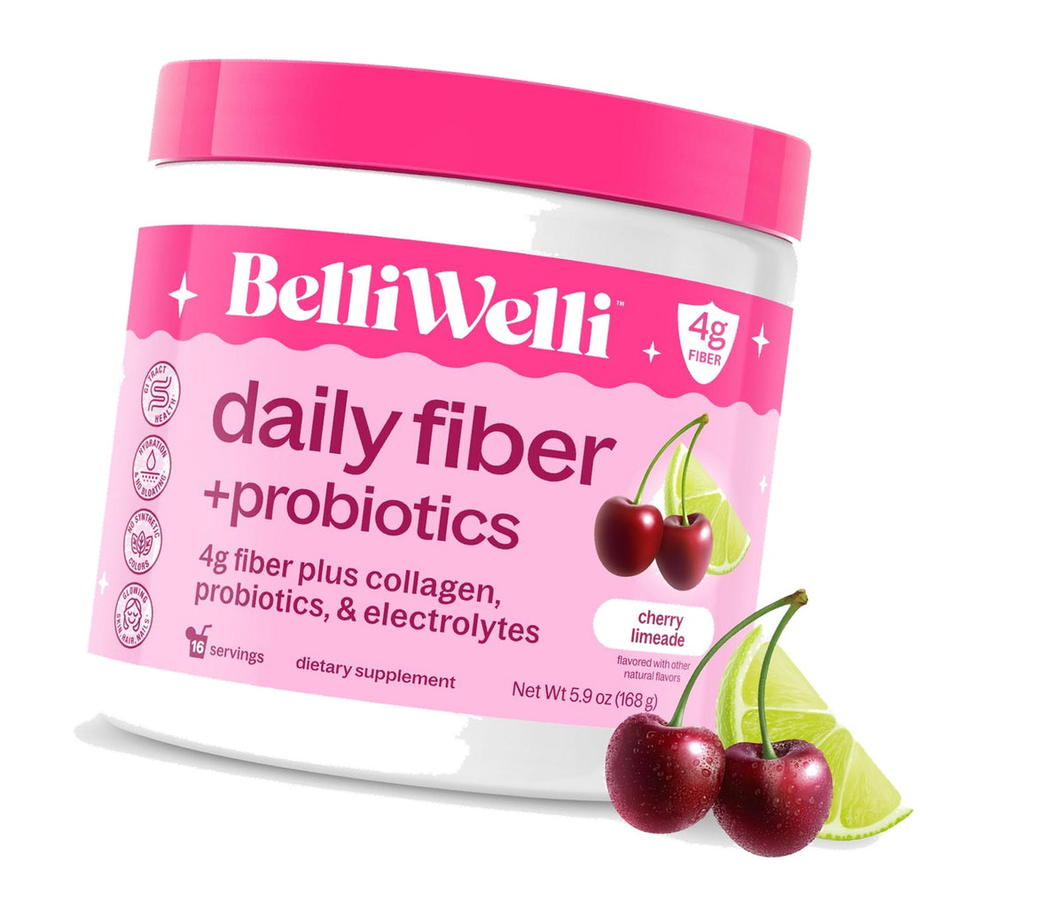 Belli Welli Fiber Supplement Powder with Prebiotics for Digestive Health and GLP-1 Support, Soluble Fiber for Gut Health & Debloat, Keto, Gluten Free, 16 Servings (1 Pack) Cherry Limeade