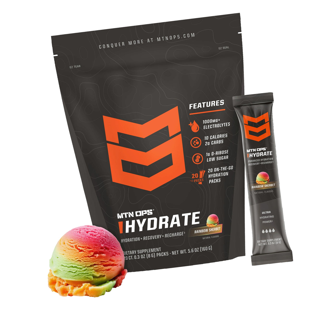 MTN OPS Hydrate Sugar Free Electrolyte Packets, Rainbow Sherbet