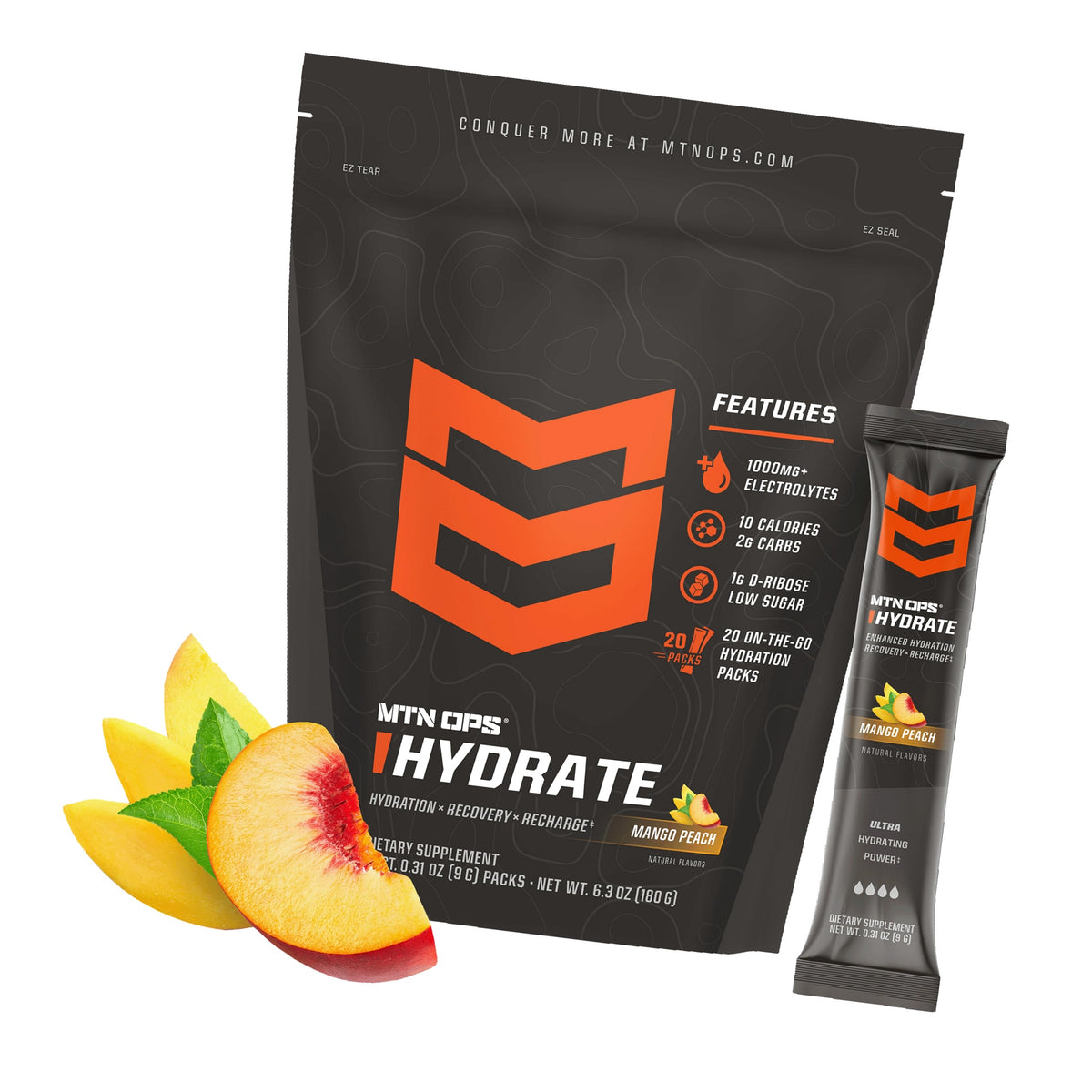 MTN OPS Hydrate Sugar Free Electrolyte Packets, Mango Peach
