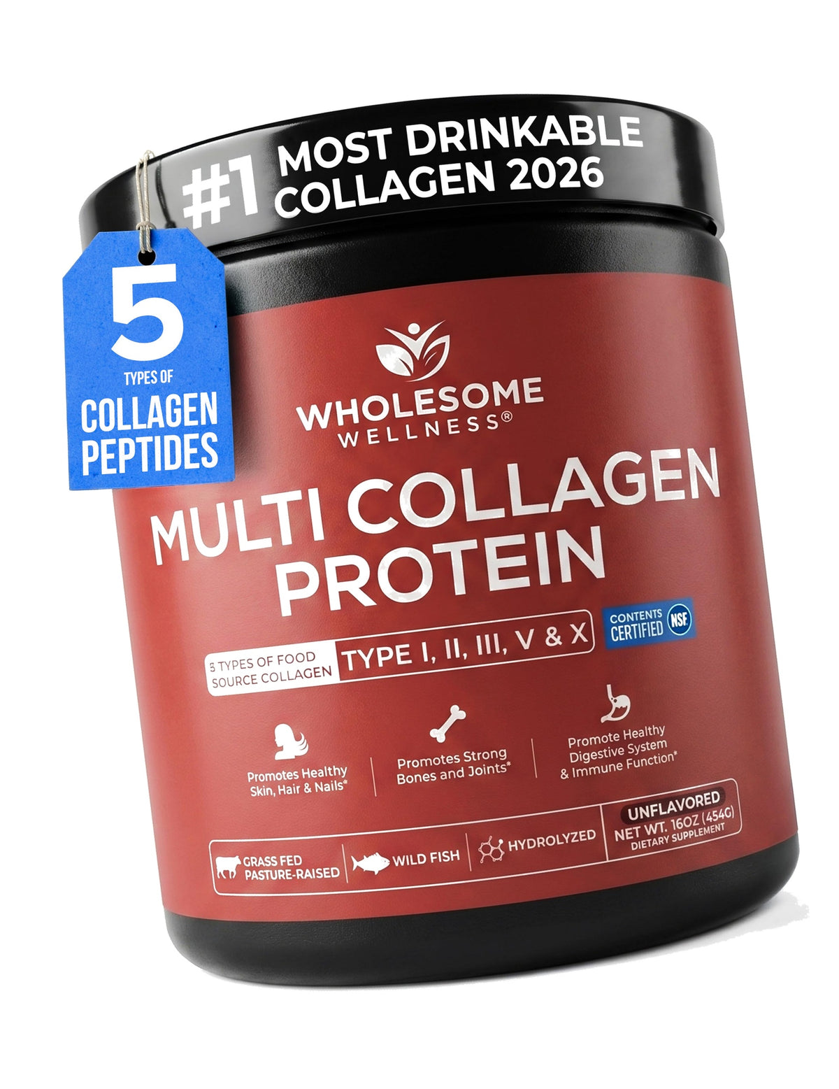 Wholesome Wellness Premium Multi Collagen Peptides Protein Powder for Women and Men, 5 Types of Hydrolyzed Collagen, Grass-Fed, Non-GMO & Unflavored, Pure Protein for Youthful Skin & Joint Recovery