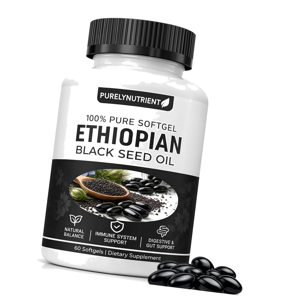 TUVAAZ PURELYNUTRIENT Ethiopian Black Seed Oil Capsules with 4.64% Thymoquinone, Immune Support & Digestion & Energy Booster, Gluten-Free, 60 Count Softgels