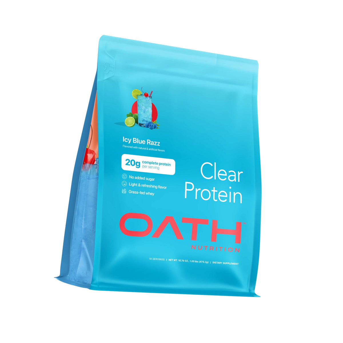 Oath Nutrition Clear Whey Isolate Protein Powder, ICY Blue Razz, 20g Complete Protein per Serving, No Added Sugar, Grass-Fed, 18 Servings
