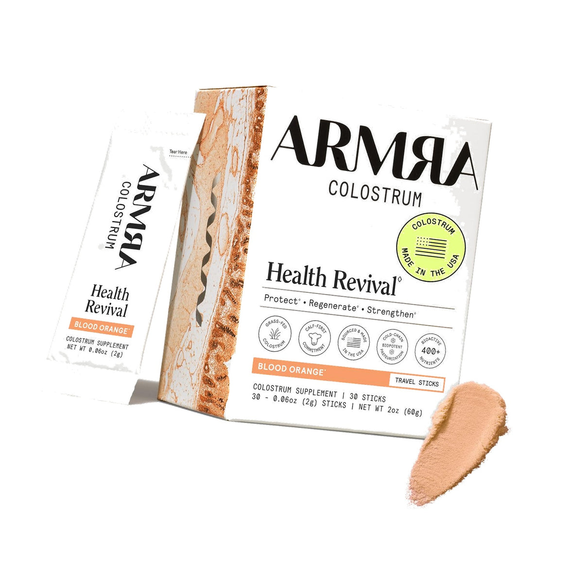 ARMRA Colostrum Powder, Blood Orange, 30 Serving Travel Sticks