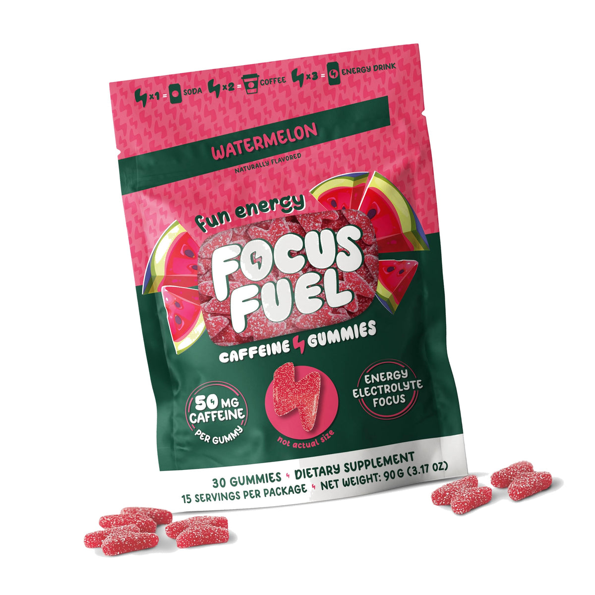 FocusFuel Energy Chews – Watermelon Flavor (15 Servings) – 100mg Caffeine + L-Theanine + B12, Magnesium – All-Natural Energy Boost – No Crash or Jitters