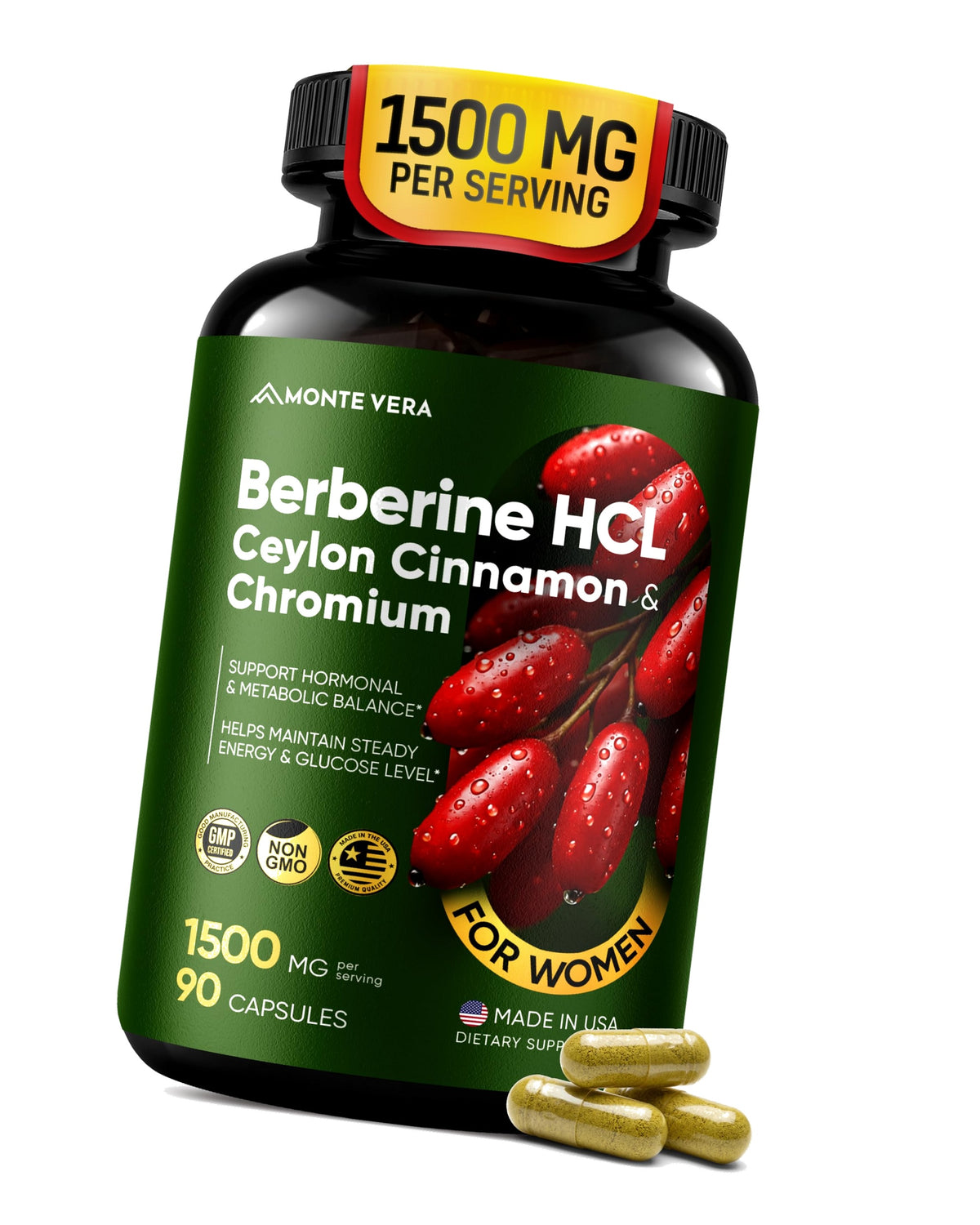 MONTE VERA Berberine HCL 1500mg with Ceylon Cinnamon & Chromium 90 Capsules